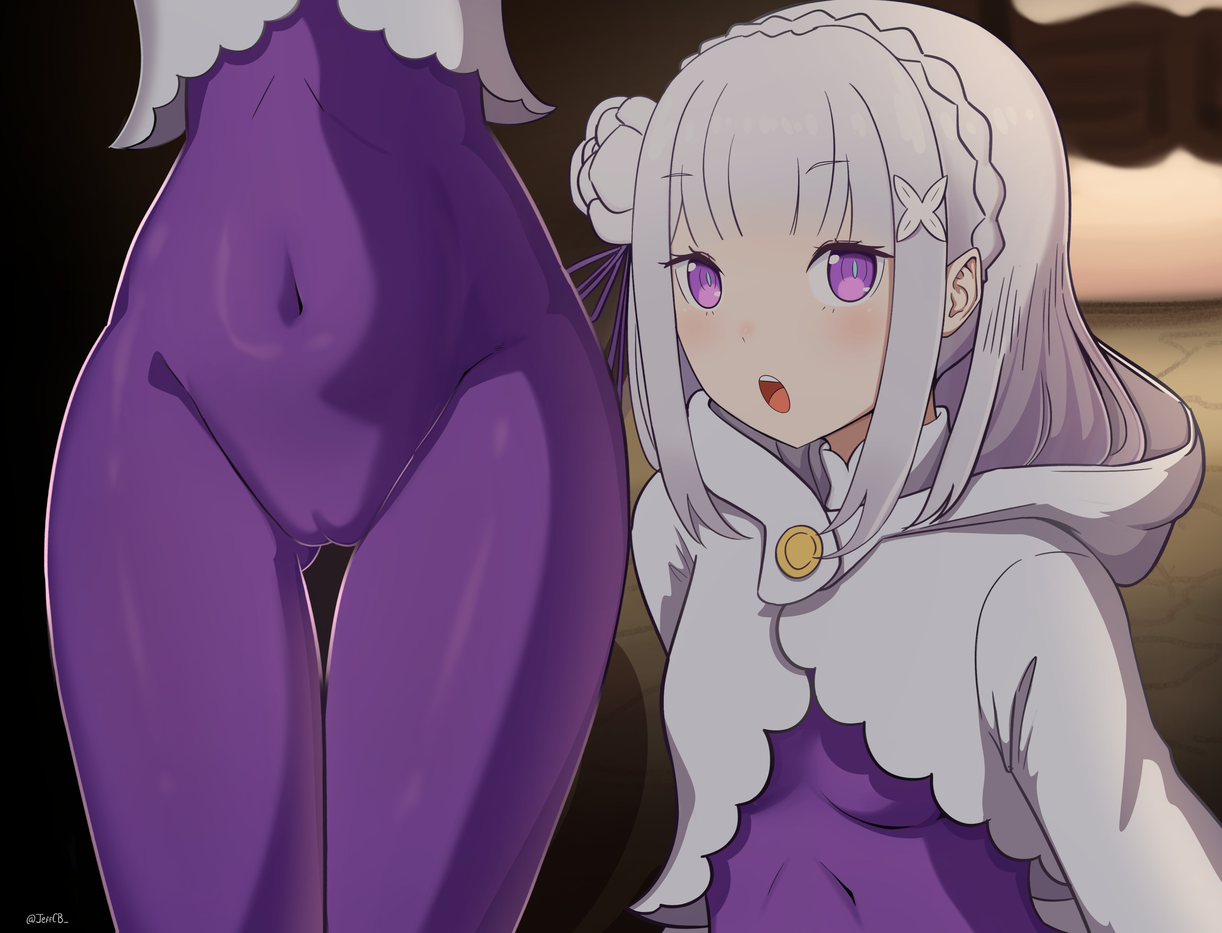 1girls, breasts, cameltoe, clothing, elf, elf ears, elf female, emilia (re:zero), female, female only, hair, hair ornament, hips, hoodie, jeffcb , jumpsuit, lower body, multiple views, purple bodysuit, purple eyes, pussy, re:zero kara hajimeru isekai seikatsu, silver hair, solo, solo female, thighs, tight clothing, unitard, white cloak, white hair