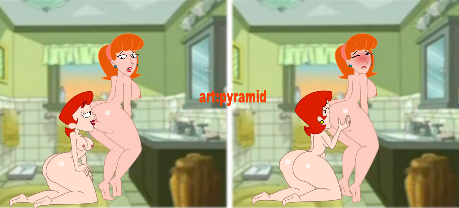ass, ass in face, big ass, dexter's laboratory, dexter's mom, female, female focus, lesbian, lesbian sex, licking ass, linda flynn-fletcher, milf, orange hair, phineas and ferb, pyramid (artist), yuri