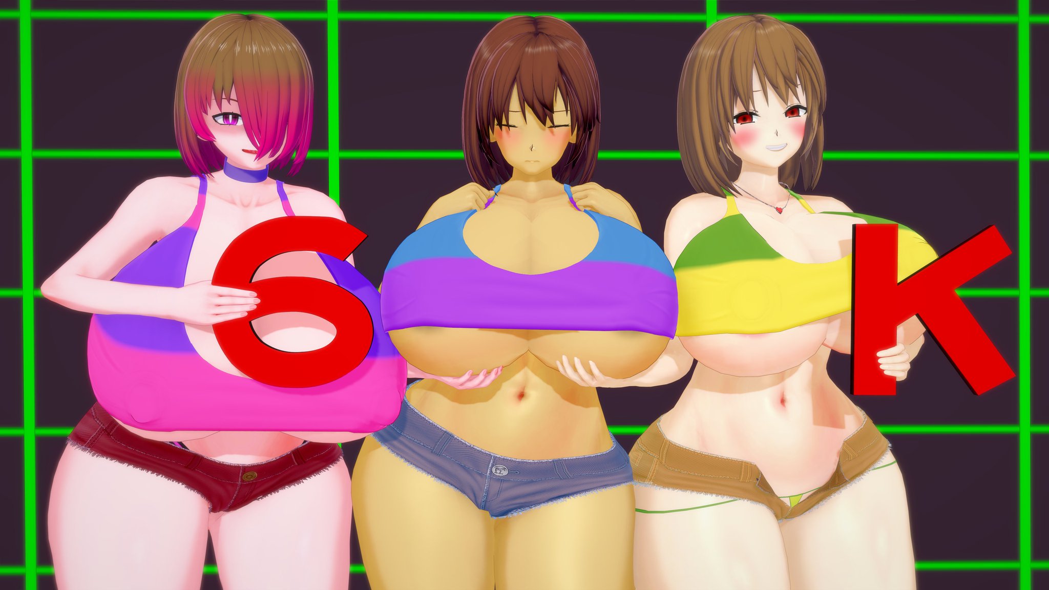 3d, albyon, bete noire, betty noire, black background, blush, brown hair, chara, female, female chara, female frisk, frisk, glitchtale, green background, hair covering one eye, heart locket, koikatsu, pink eyes, pink hair, red eyes, short hair, smiling, text, undertale, undertale (series)