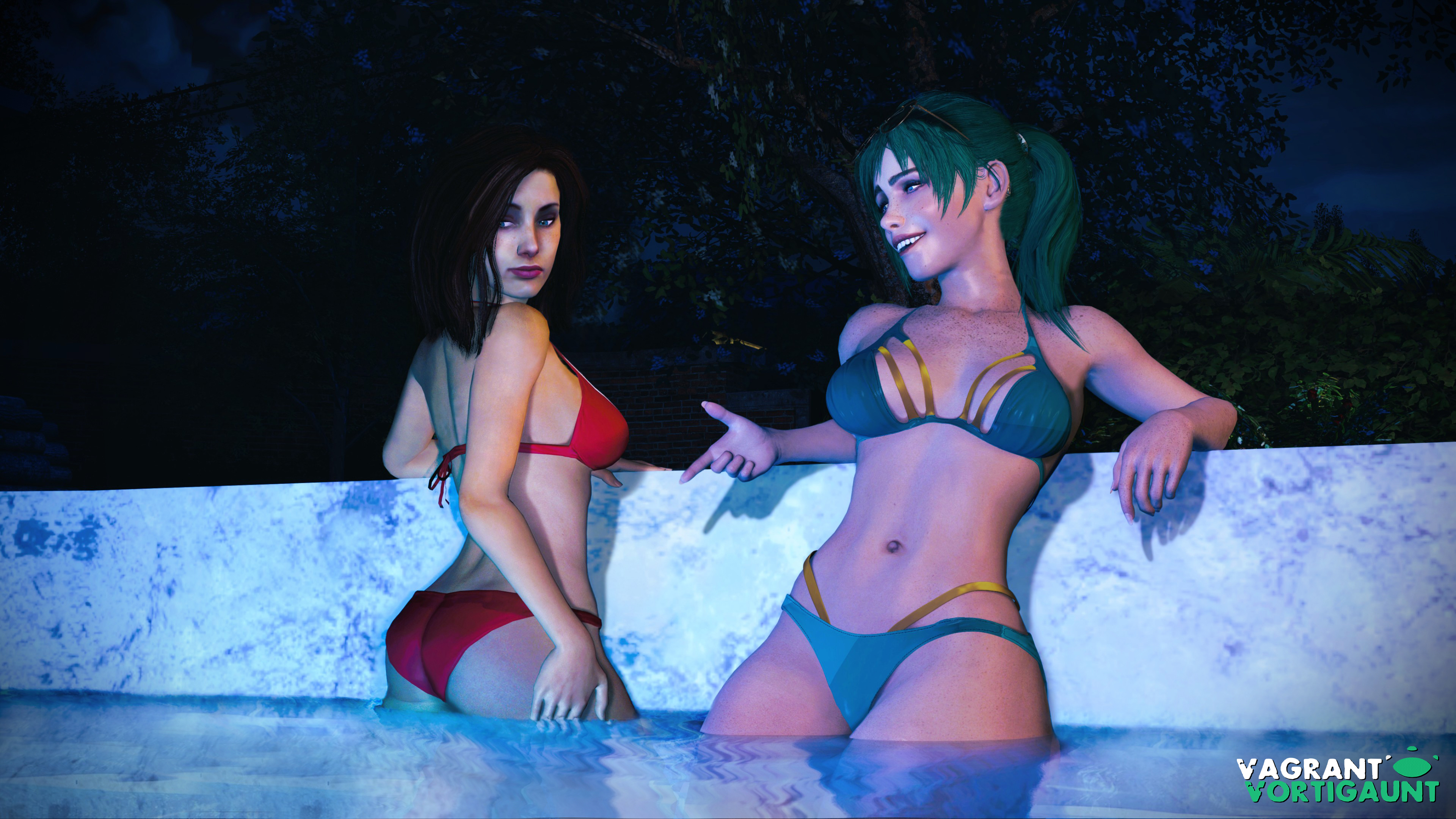 2girls, 3d, ass, bathing suit, belly, belly button, bikini, blue eyes, breasts, brown hair, clothed, crossover, ela (rainbow six), female, female focus, freckles, garry's mod, green hair, left 4 dead, left 4 dead (series), midriff, night, no sex, outdoors, ponytail, pool, poolside, rainbow six siege, smile, smiling, sunglasses, swimming pool, swimsuit, swimwear, talking, vagrantvortigaunt, zoey (left 4 dead)