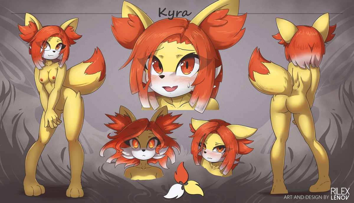 anthro, female, fennec fox, fennekin, fox, furry, kemono, nude, nude female, pokémon (species), pokemon, pokemon (species), red eyes, red hair, reference image, reference sheet, rilex lenov, tagme, yellow fur