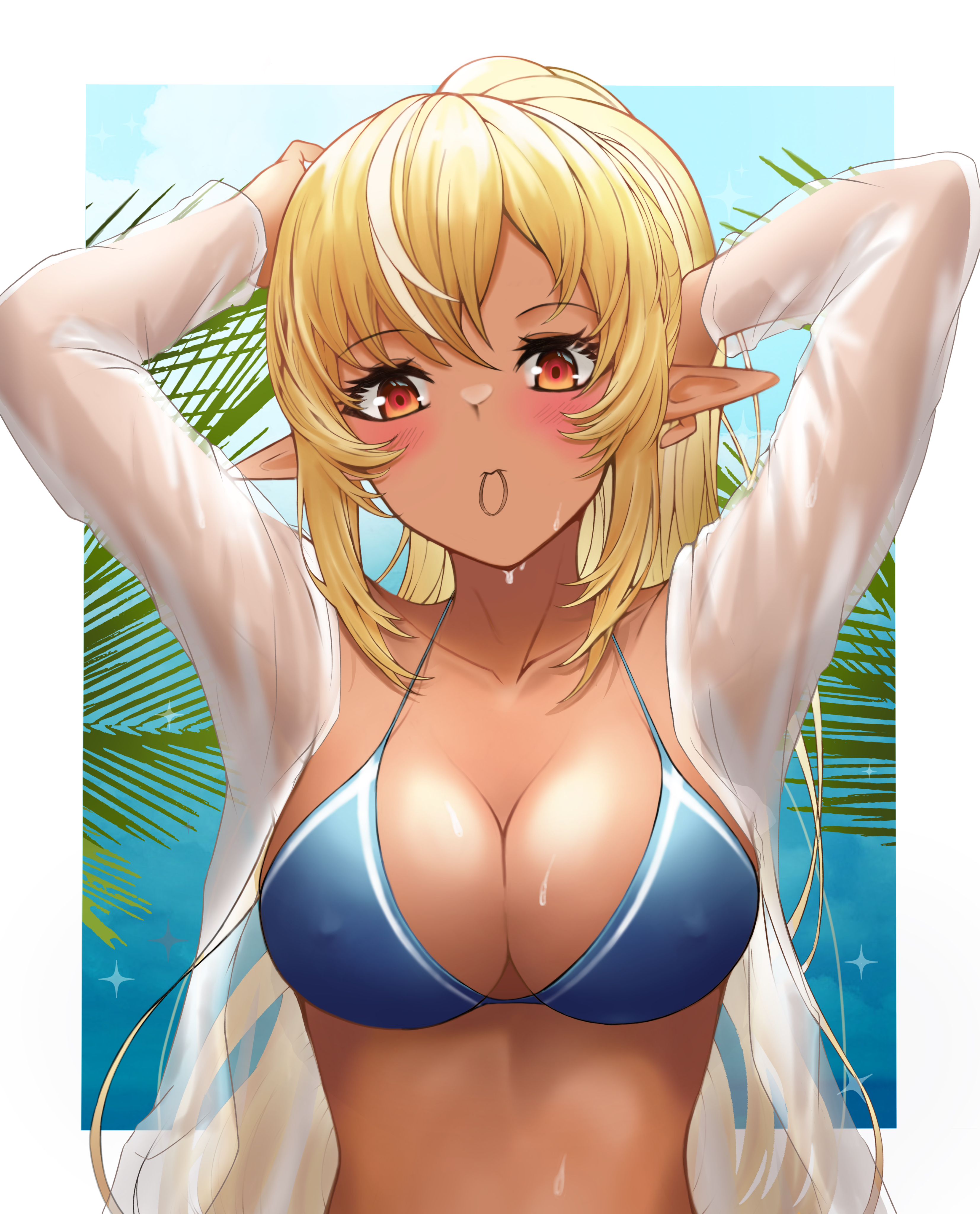 1girls, 2021, absurdres, arms up, bangs, bikini, bikini top, blonde hair, blue bikini, blue bikini top, blush, border, breasts, cleavage, covered nipples, dark skin, dark-skinned female, dstwins97, erect nipples, eyebrows visible through hair, female, female focus, female only, hair tie, hair tie in mouth, highres, hololive, hololive fantasy, hololive japan, large breasts, long hair, mouth hold, nipple bulge, nipples, nipples visible through bikini, open clothes, open shirt, pointy ears, ponytail, red eyes, see-through, shiranui flare, shirt, solo, solo female, solo focus, summer, swimsuit, tan, tying hair, upper body, virtual youtuber, wet, wet clothes, wet shirt, white border
