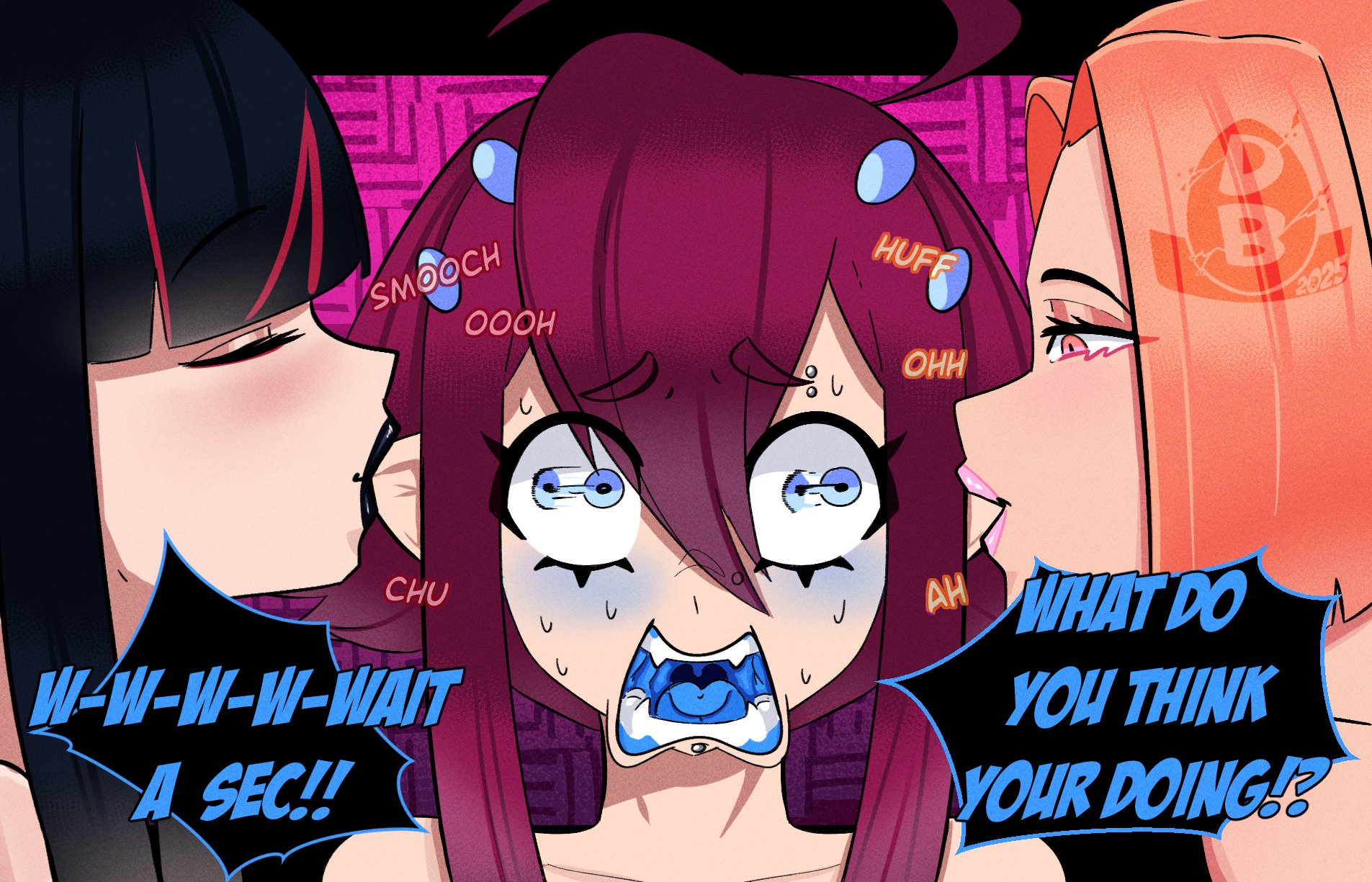 3girls, audrey (badbitchdicey), audrey (diceyboi), badbitchdicey, black hair, black lipstick, blue eyes, blue mouth, blue tongue, closed eyes, dialogue, diceyboi, ear licking, english text, female, female only, goth, goth girl, kissing, kissing ear, licking ear, long hair, nickie (badbitchdicey), nickie (diceyboi), onomatopoeia, peach hair, piercing, pink lipstick, sensory overload, text, violet hair, willow (badbitchdicey), willow (diceyboi), yuri
