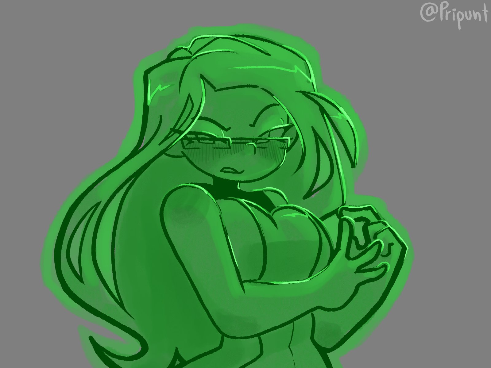awaria, blush, bodysuit, breasts, clothed, clothed female, female, female only, fully clothed, ghost, ghost girl, glasses, green body, long hair, looking at viewer, medium breasts, navel, not porn, pripunt, rectangular glasses, ripped bodysuit, ripped clothing, sleeveless, sleeveless bodysuit, solo, sweat, sweatdrop, zmora