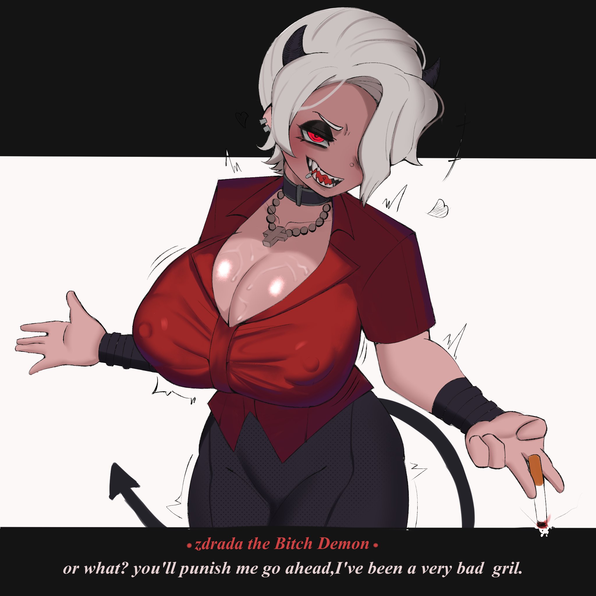 1girls, areola, ass, big areola, big ass, big breasts, big nipples, big thighs, blush, breasts, choker, cross, demon, demon girl, demon horns, demon tail, dialogue, earrings, fangs, female, gigantic breasts, hair over one eye, helltaker, horn, huge breasts, khawkhi, looking at viewer, nipples, nipples visible through clothing, open mouth, red eyes, sharp teeth, short hair, smoking, sweat, sweatdrop, sweating, tagme, tail, text, thick thighs, thighs, white hair, zdrada (helltaker)