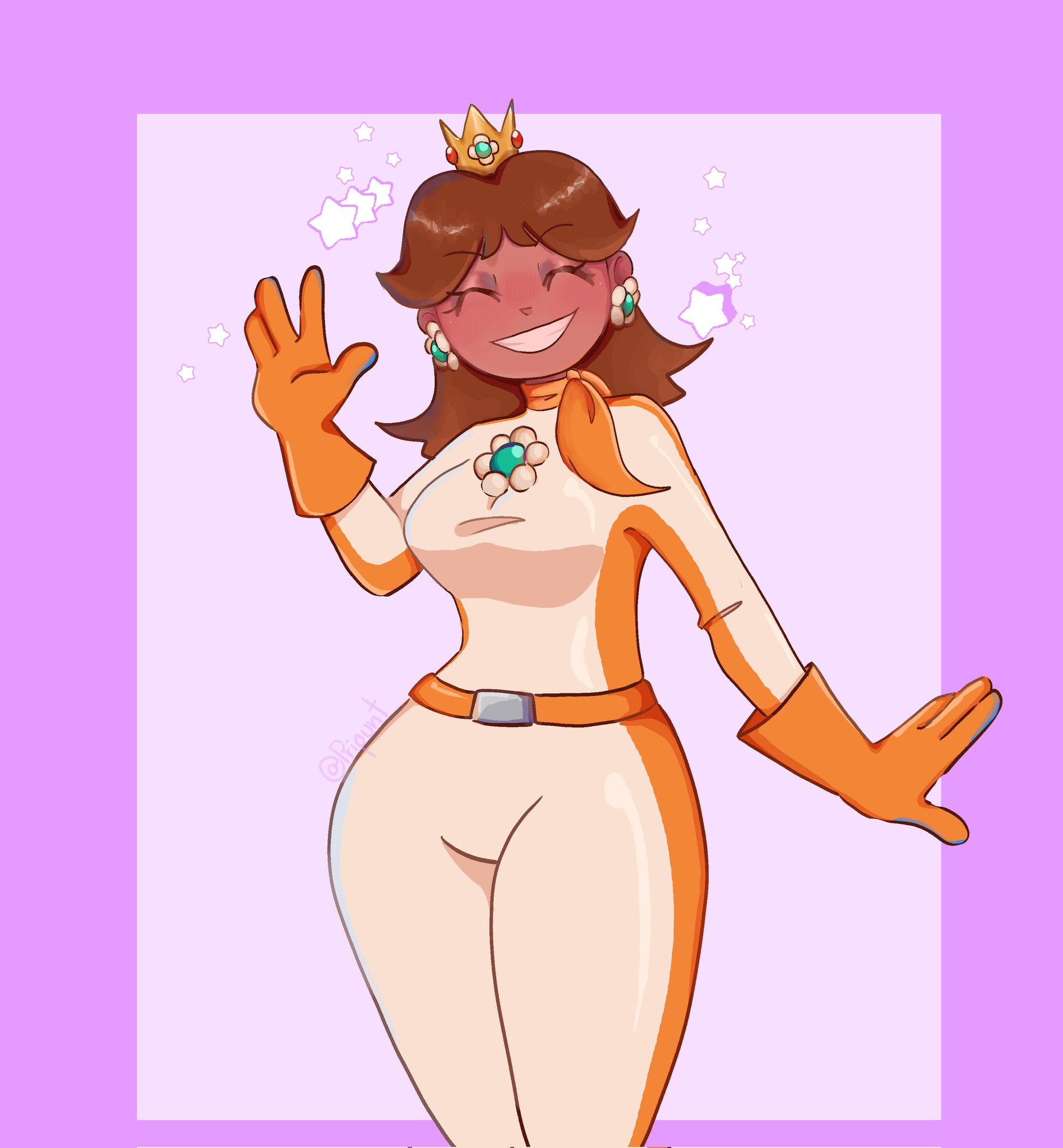 1girls, 4 fingers, big breasts, big thighs, bodysuit, breasts, brown hair, clothing, curvaceous, curvaceous female, curvaceous figure, curvy, curvy figure, curvy hips, dark skin, dark-skinned female, female, female focus, female only, gloves, human, jpeg, mario (series), mario kart, nintendo, orange bodysuit, orange clothing, orange gloves, orange scarf, princess daisy, princess daisy (aero), pripunt, racing suit, scarf, signature, smile, solo, super mario bros.