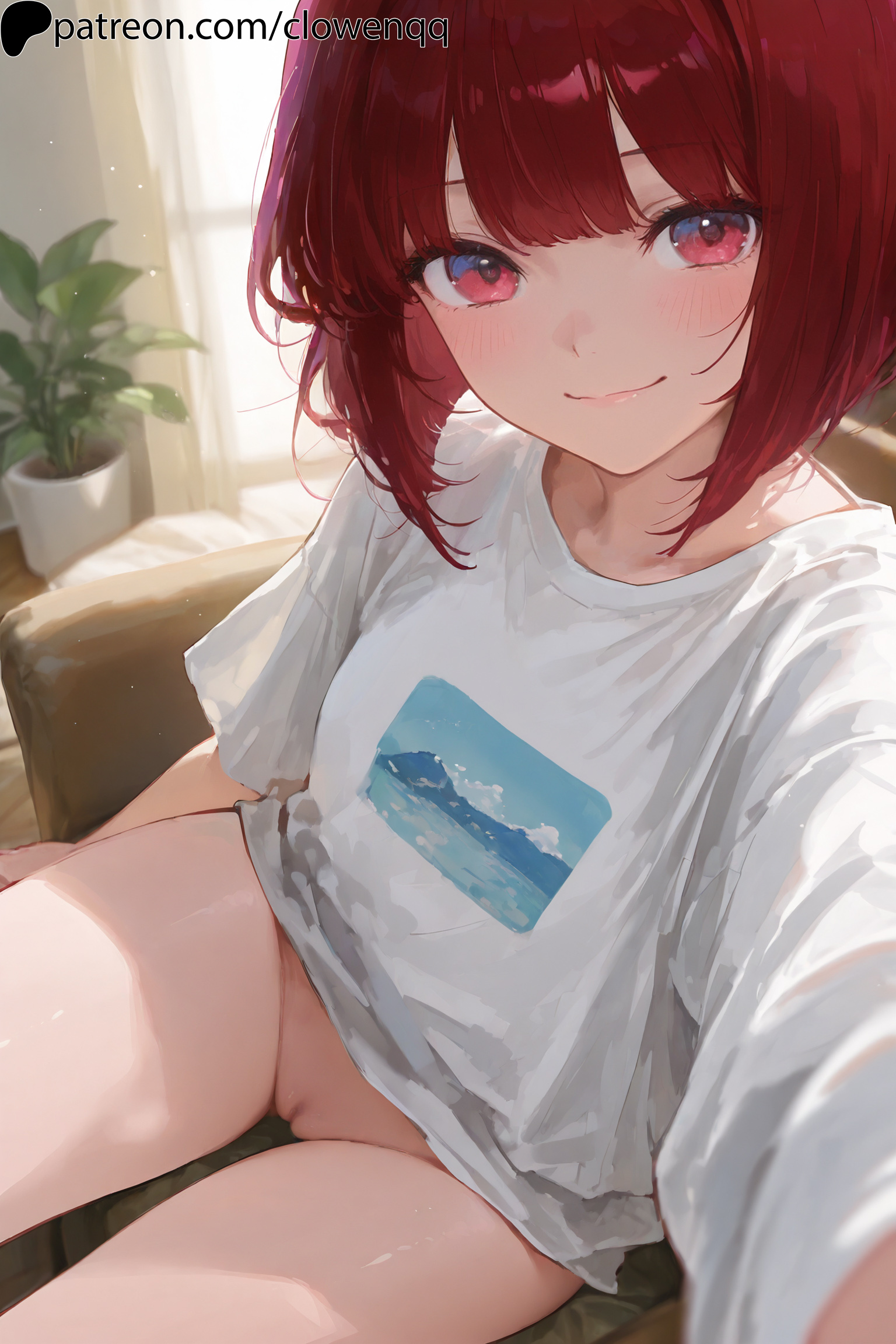1girls, ai generated, arima kana, bangs, blush, bottomless, clowenqq, female, female focus, female only, from above, looking at viewer, no panties, oshi no ko, pussy, red eyes, red hair, selfie, shirt, shirt only, short hair, sitting, smile, solo, solo female, solo focus, thighs, uncensored