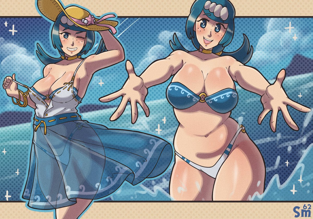 1girls, armwear, big breasts, bikini, bikini bottom, bikini top, blue bikini, blue dress, blue eyes, blue hair, bracelet, breasts, cleavage, dress, female, female only, freckles, freckles on face, game freak, hat, headwear, hips, lana's mother (pokemon), mature, mature female, milf, mother, neckwear, one eye closed, pokemon, pokemon sm, samario, side-tie bikini, smile, solo, solo female, sparkles, sun hat, swimwear, transparent clothing, water, wide hips