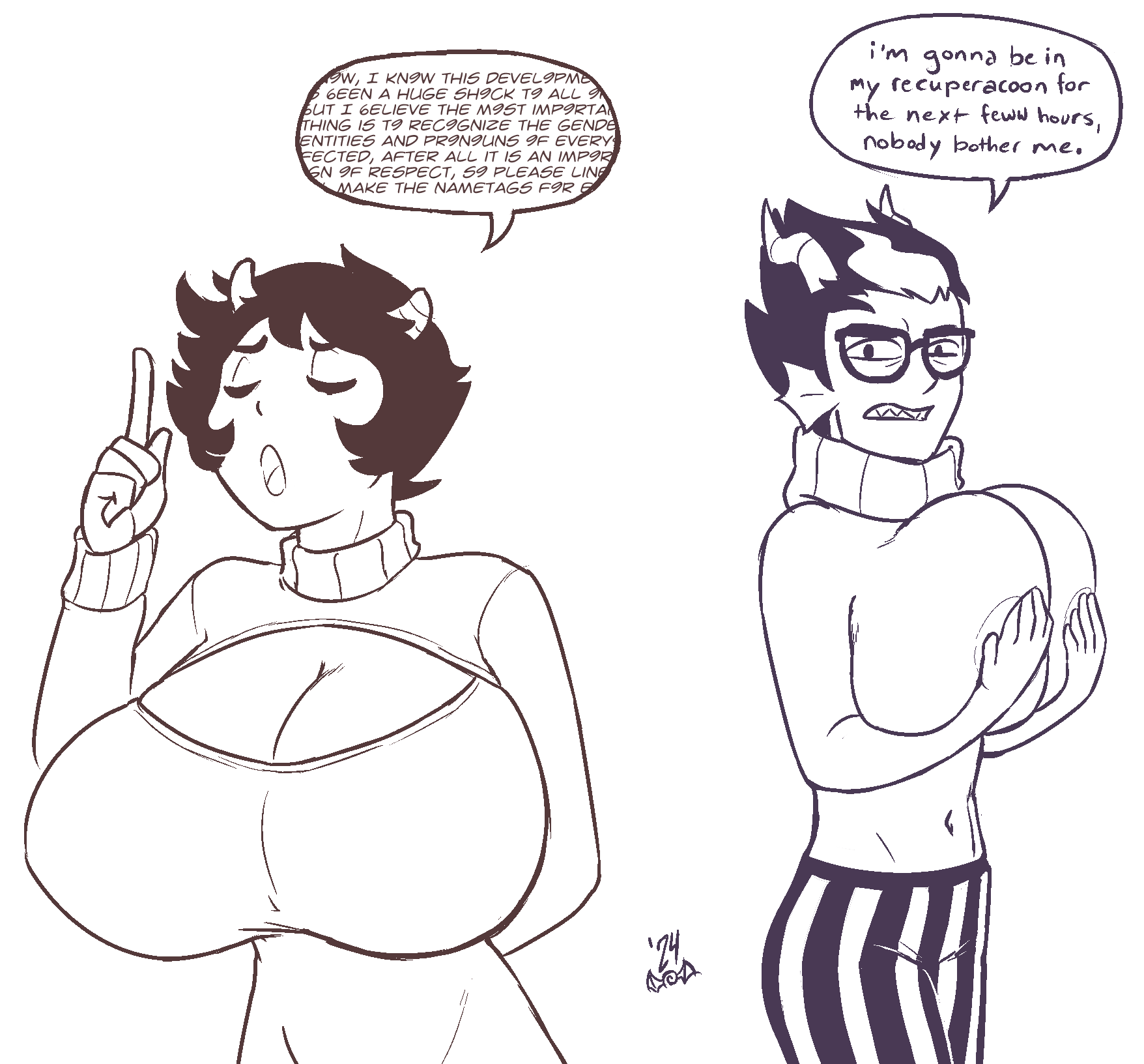 2boys alien alien_humanoid breasts busty busty_boy clothed clothed_male dancestor dialogue eridan_ampora fin fins homestuck homestuck_troll horn horns huge_boobs huge_breasts humanoid humanoid_alien kankri_vantas large_boobs large_breasts male male_boobs male_breasts male_focus male_only male_tits mindwipe short_hair short_hair_male sweater text troll yapping