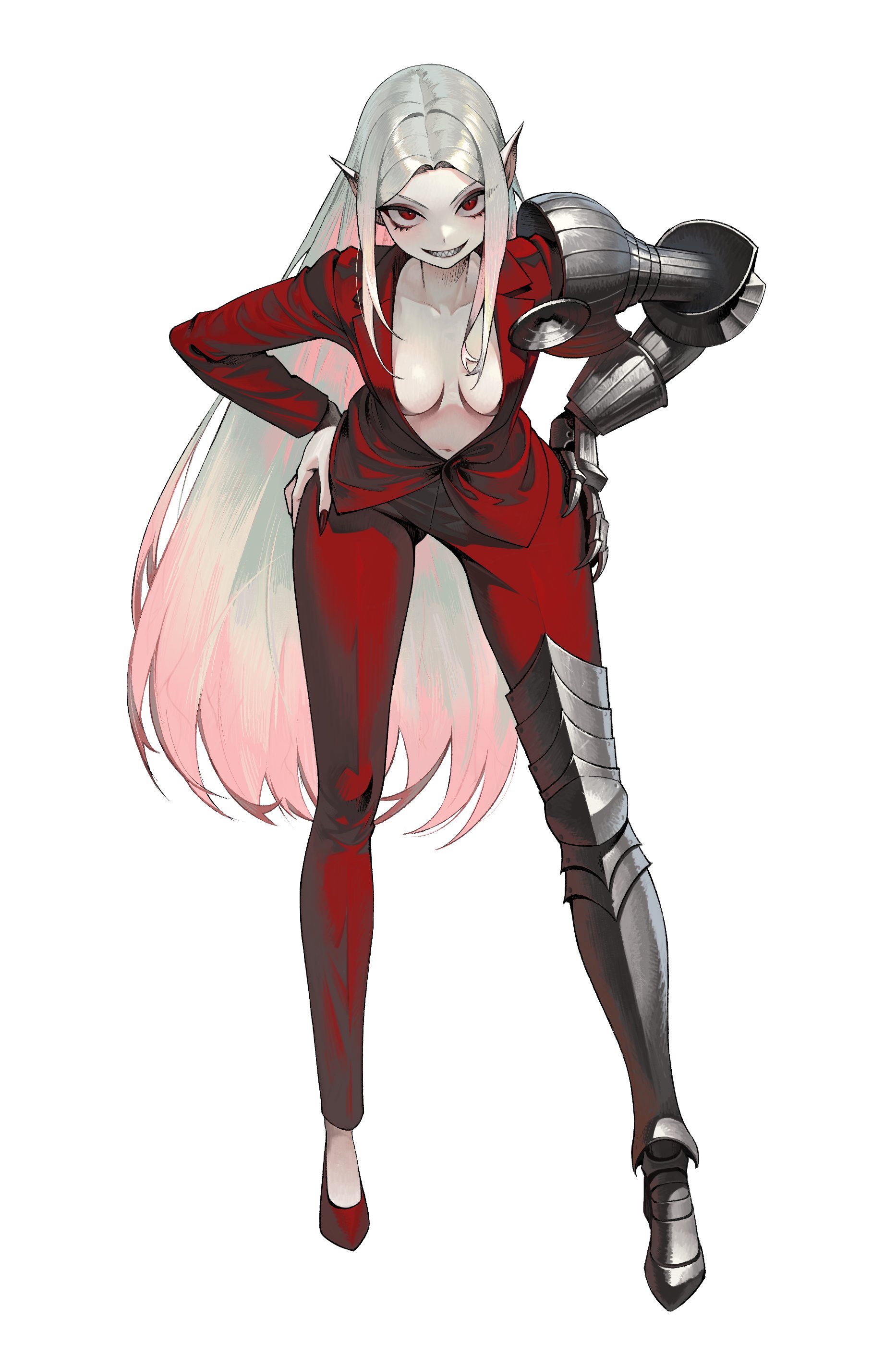 absurdres, armor, armored boots, asymmetrical armor, boots, breasts, breasts apart, cleavage, commentary, english commentary, eyeshadow, female, fingernails, forehead, full body, gauntlets, gemi ningen, gradient hair, grey hair, grin, hands on own hips, highres, jacket, leaning forward, legs apart, long hair, makeup, medium breasts, multicolored hair, nail polish, navel, no bra, no shirt, open clothes, open jacket, original, pale skin, pants, pantsuit, parted bangs, partially unbuttoned, pauldrons, pink hair, pointy ears, red boots, red eyes, red jacket, red nails, red pants, red suit, rimworld, sanguophage (rimworld), sharp fingernails, sharp teeth, shoulder armor, simple background, single boot, single gauntlet, single pauldron, smile, solo, standing, stomach, suit, teeth, tsurime, v-shaped eyebrows, vampire, very long hair, white background