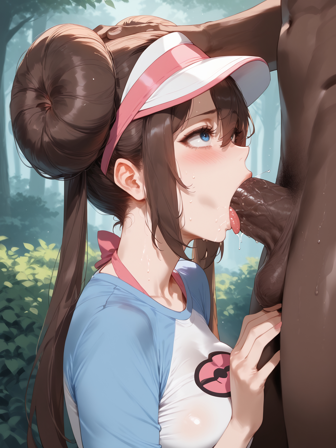 1boy, ai generated, balls, bangs, blue eyes, blush, breasts, brokewyt, brown hair, bush, clothed female nude male, collarbone, covered nipples, dark skin, dark-skinned male, day, double bun, erection, fellatio, female, forest, from side, hair between eyes, hair bun, hand on another's head, interracial, large breasts, long hair, male, male pubic hair, mosaic censoring, nature, nude, open mouth, oral, outdoors, penis, pubic hair, raglan sleeves, rosa (pokemon), saliva, shirt, sidelocks, solo focus, straight, sweat, testicles, tongue, tongue out, tree, twintails, uncensored, upper body, visor cap
