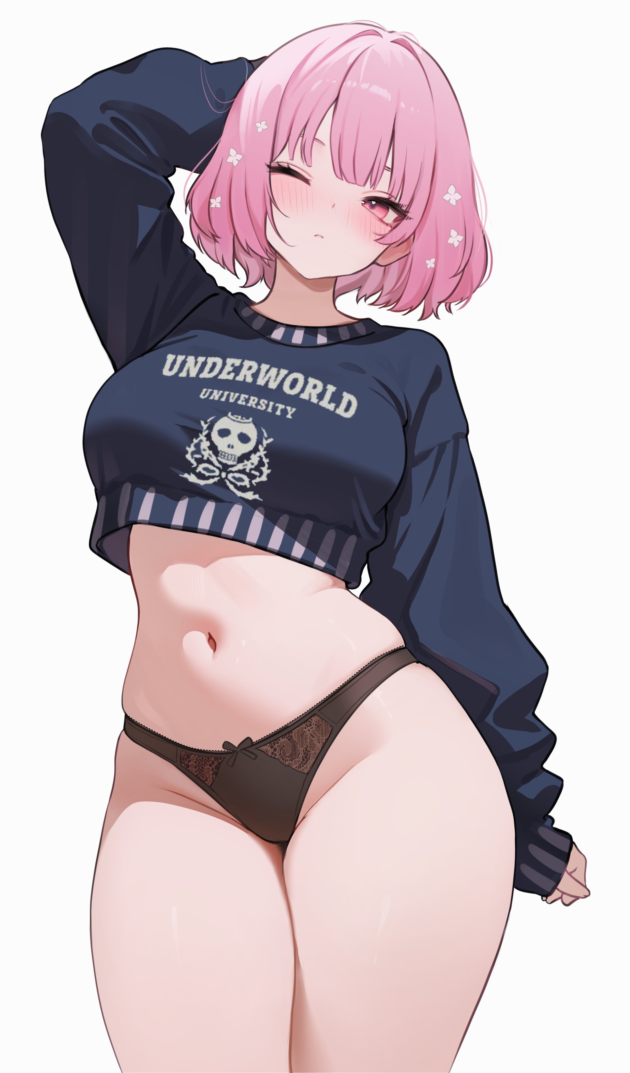 ass, big ass, big breasts, big thighs, bottomless, breasts, college girl, female, highres, hololive, hololive english, hololive myth, koahri, large breasts, mori calliope, panties, pink hair, plump, short hair, thick thighs, tired, virtual youtuber