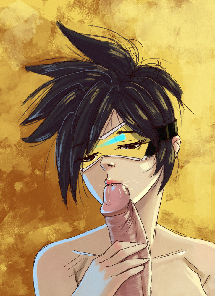 1boy, black hair, fellatio, female, goggles, gradient background, lips, male, oral, overwatch, penis, realistic, rinrin art, short hair, spiked hair, straight, tracer, uncensored