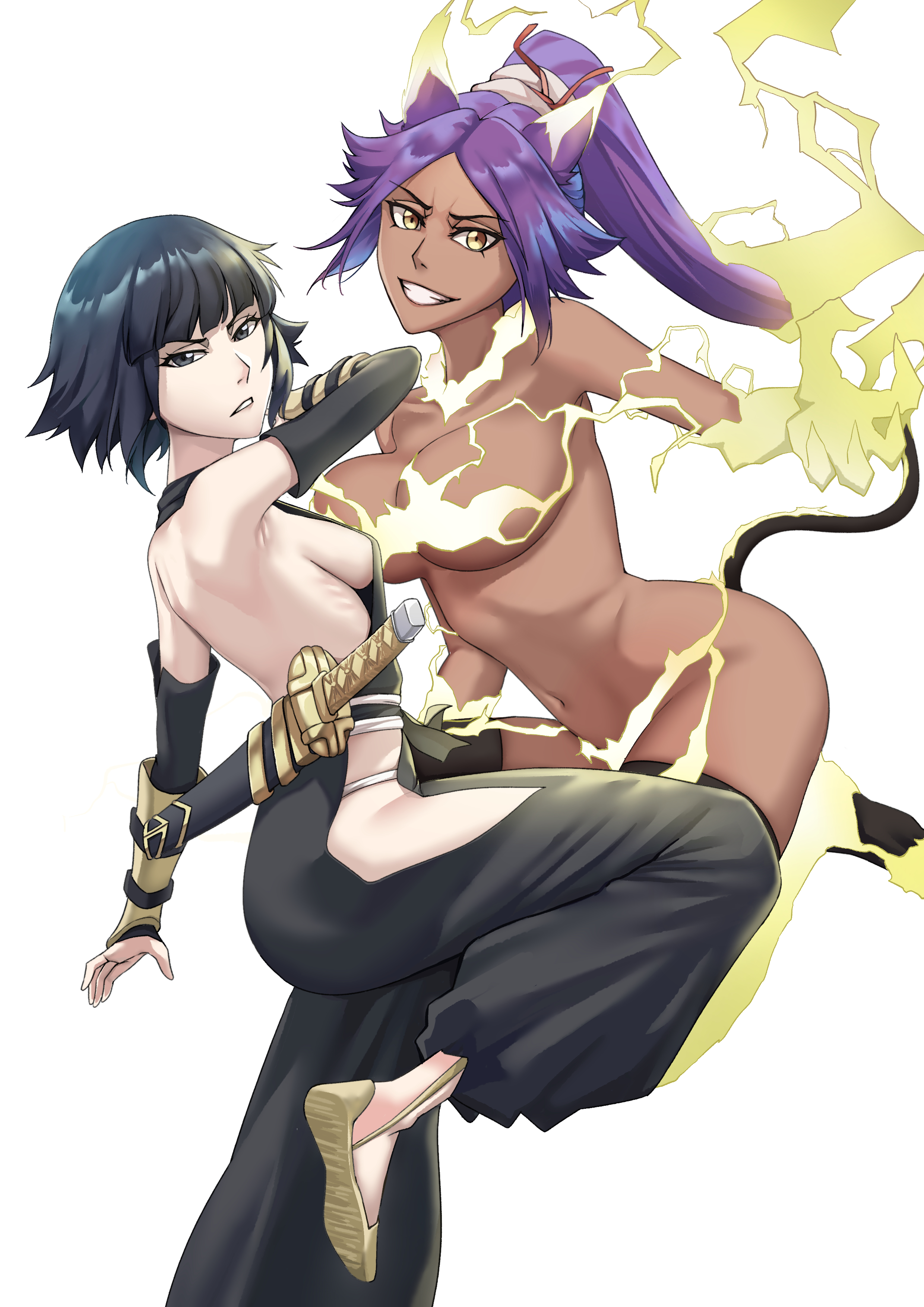2girls, almost naked, battle, black hair, bleach, bleach: the thousand-year blood war, breasts, convenient censoring, dark skin, dark-skinned female, electricity, female, female only, liao kj, long hair, nude, ponytail, purple hair, shihouin yoruichi, short hair, sideboob, skimpy, soifon, sui-feng