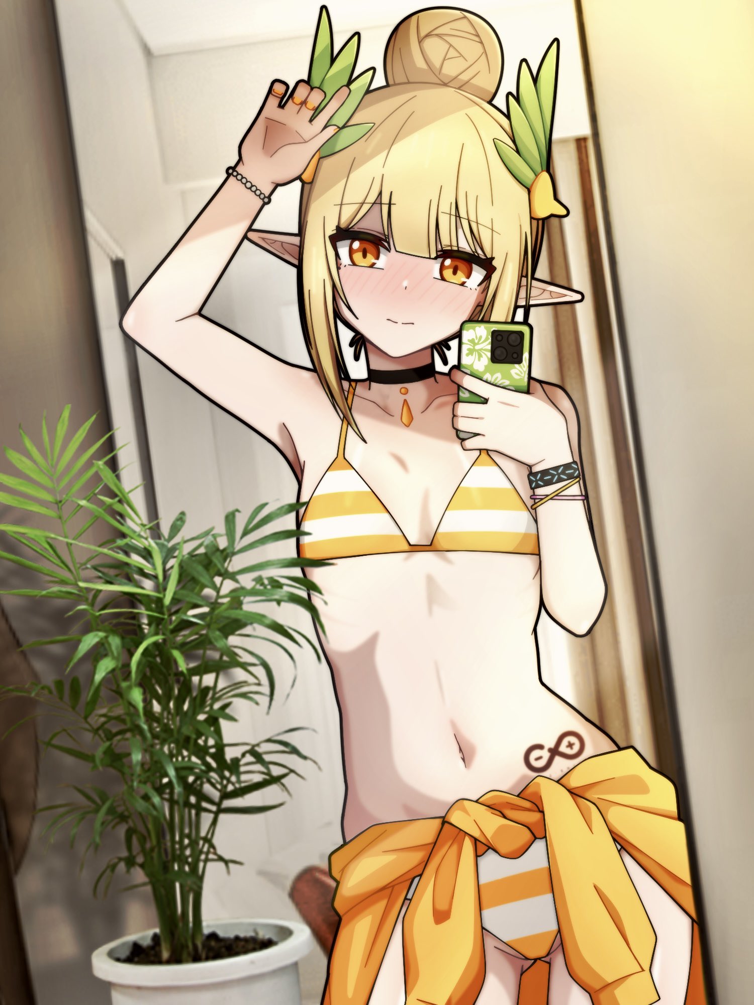 1girls, arknights, bikini, blush, elf, elf ears, elf female, female, flat chest, flat chested, manli, muelsyse (arknights), posing, posing for the viewer, selfie, solo female