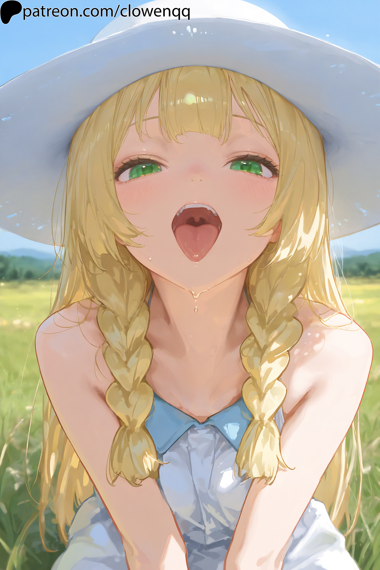 1girls, ai generated, bangs, blonde hair, blush, close up, close up face, close up view, close-up, closeup, closeup view, clowenqq, dress, face close up, face close-up, face closeup, face focus, female, female focus, female only, front view, green eyes, lillie (pokemon), long hair, looking at viewer, mouth close up, mouth close-up, mouth closeup, nintendo, open mouth, open mouth tongue out, open mouth tongue-out, oral invitation, outdoors, pokemon, pokemon sm, sleeveless, sleeveless dress, solo, solo female, solo focus, sun hat, tongue, tongue out, tongue out open mouth, twin braids, uvula, white dress