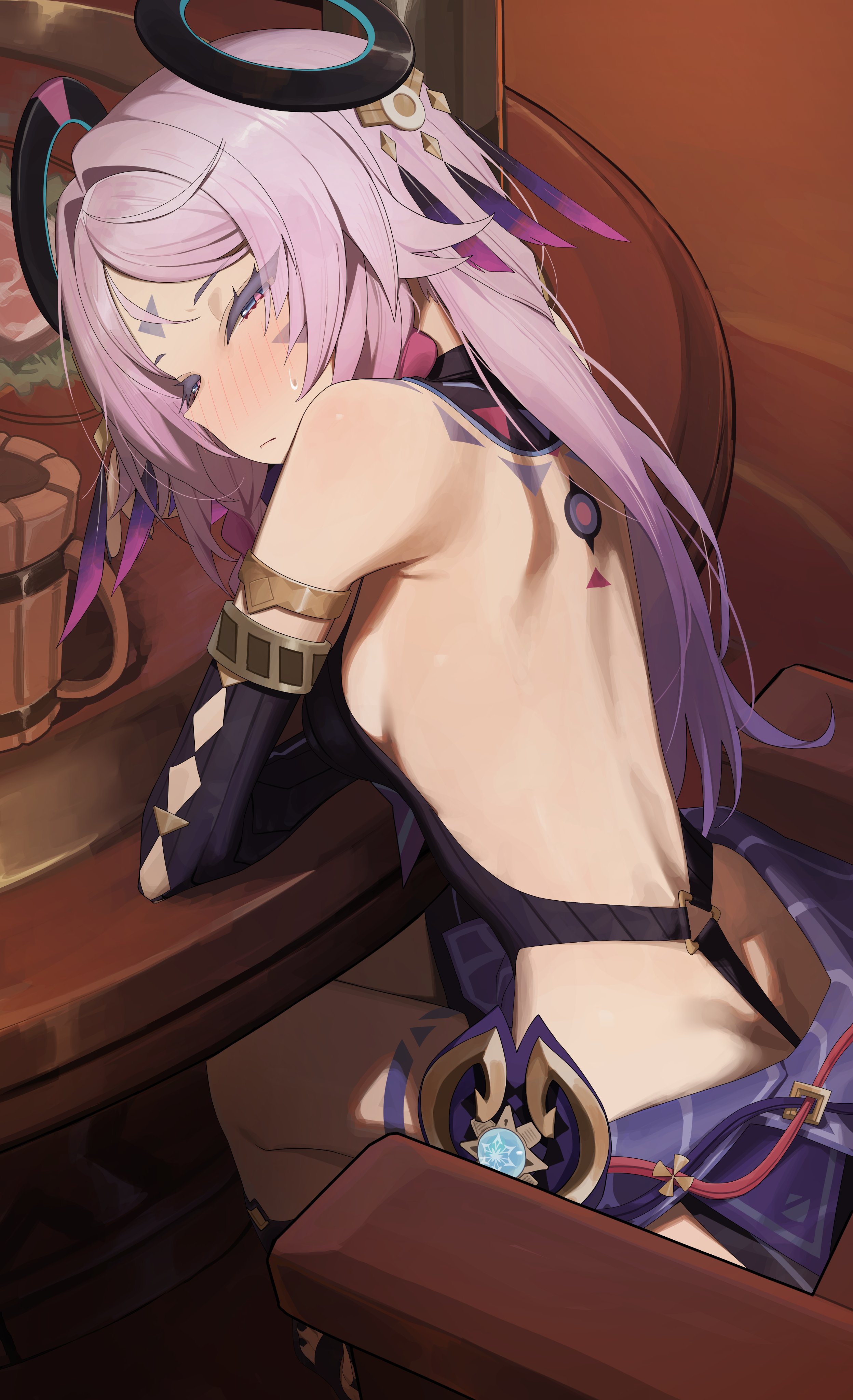 back, blush, citlali (genshin impact), female, genshin impact, looking at viewer, looking back, sitting