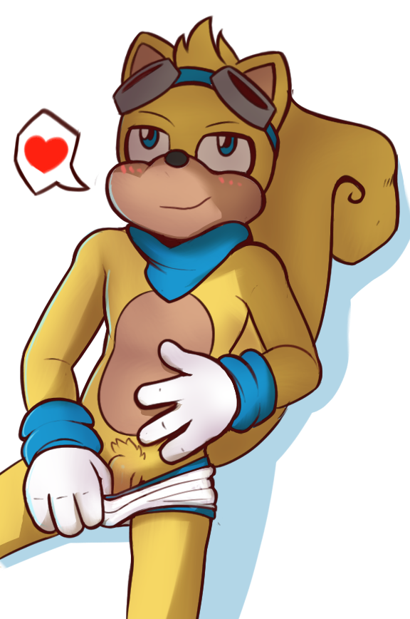 1boy anthro balls bandana blue_eyes blush eyewear flying_squirrel goggles half-closed_eyes half-erect heart lying male male_only mammal penis pubes ray_the_flying_squirrel rodent simple_background smile solo sonic_(series) squirrel zaxstar