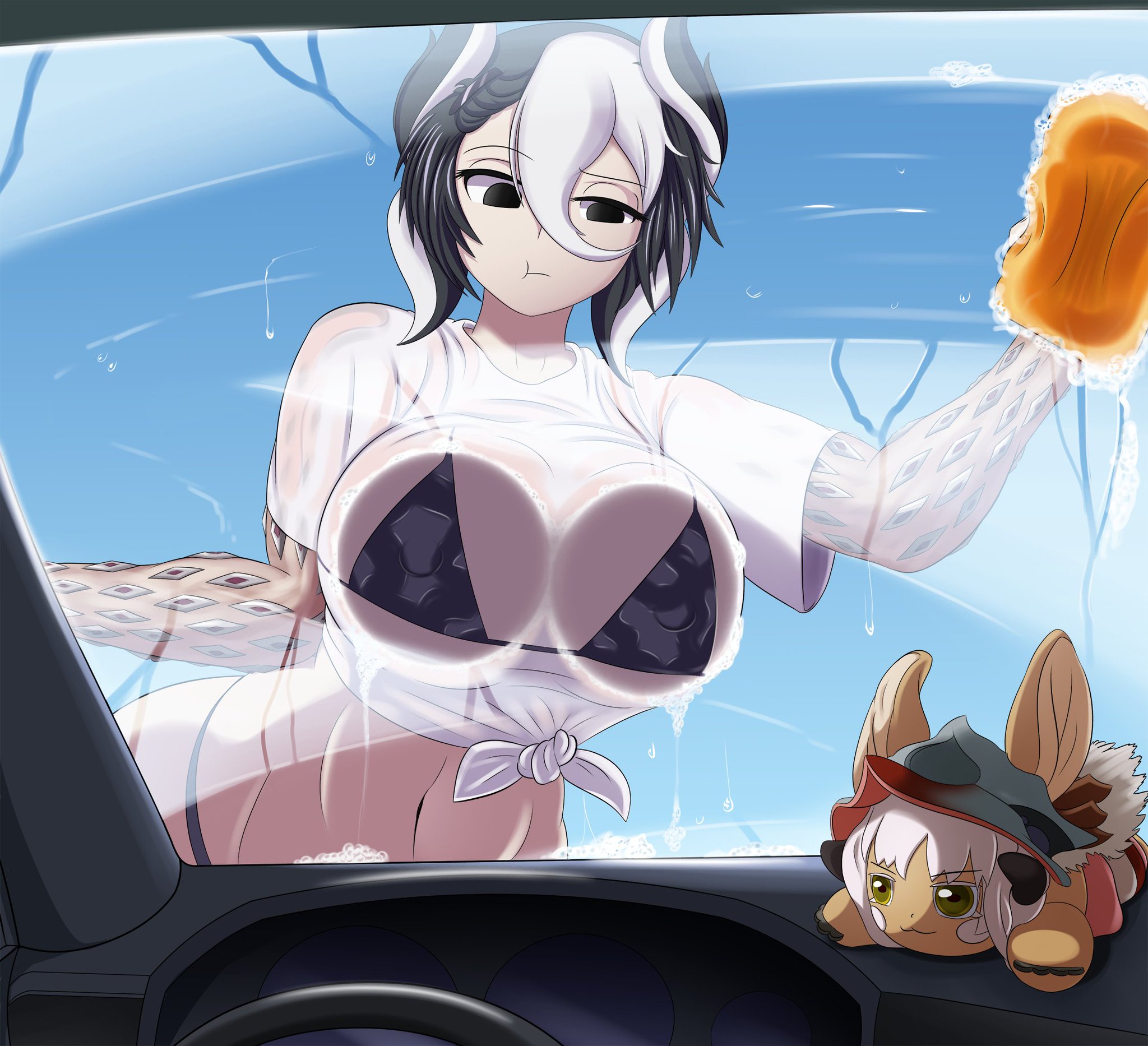 alternate costume, big breasts, bikini, black and white hair, black bikini, black eyes, body markings, breast press, breasts, car wash, female, female only, made in abyss, nanachi, ozen, plushie, see-through clothing, short hair, smugbuns, soap, soap bubbles, solo, tied shirt, two-tone hair, washing car, wet clothes, wet shirt