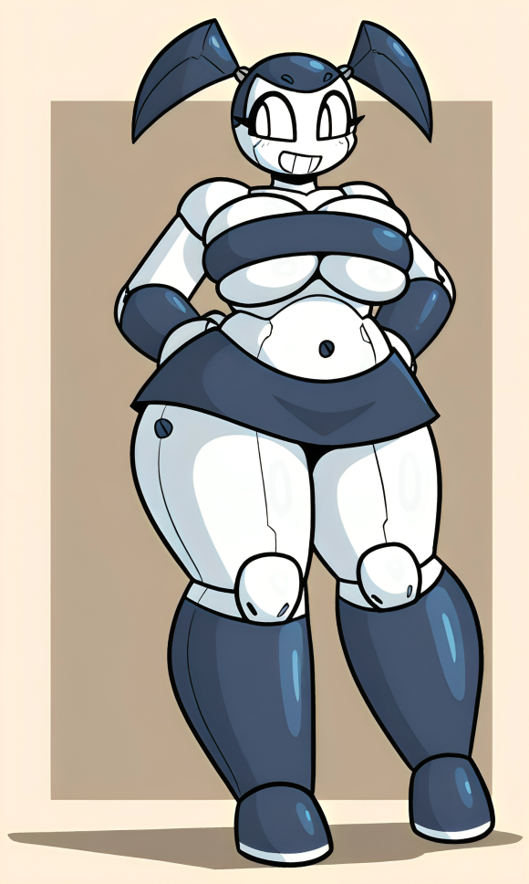 ai_generated alternate_design big_breasts clothed curvy dark_blue_clothing dark_blue_hair eyelashes gauntlets hands_on_hips kneehigh_boots larger_female mechanical my_life_as_a_teenage_robot pixai robot_girl robot_humanoid robot_joints short_skirt simple_background skirt smile tall_female thick_thighs tubetop twintails white_eyes white_skin wide_hips xj-8