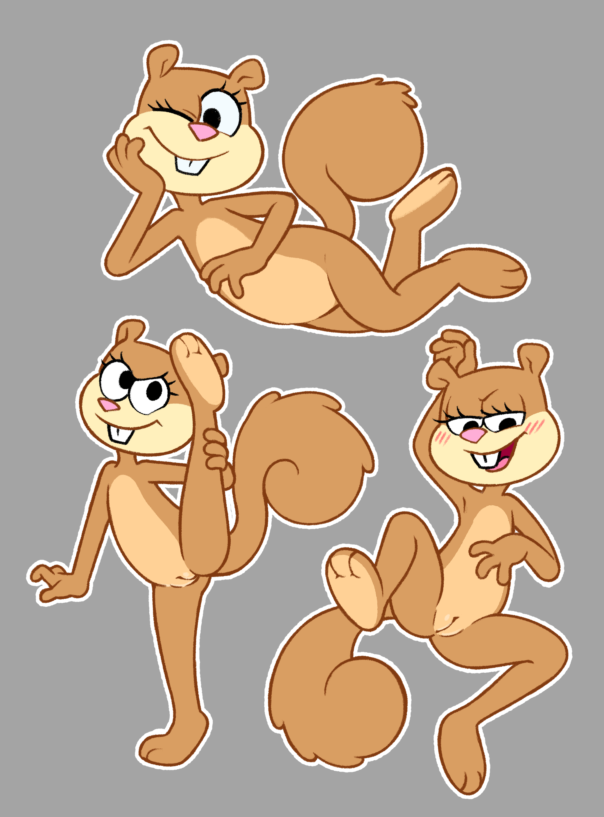 accurate body type, anthro, bunguy, casual, cleft of venus, featureless chest, female, flat chest, furry, innie pussy, nude, nude female, pussy, sandy cheeks, simple background, spongebob squarepants, tail