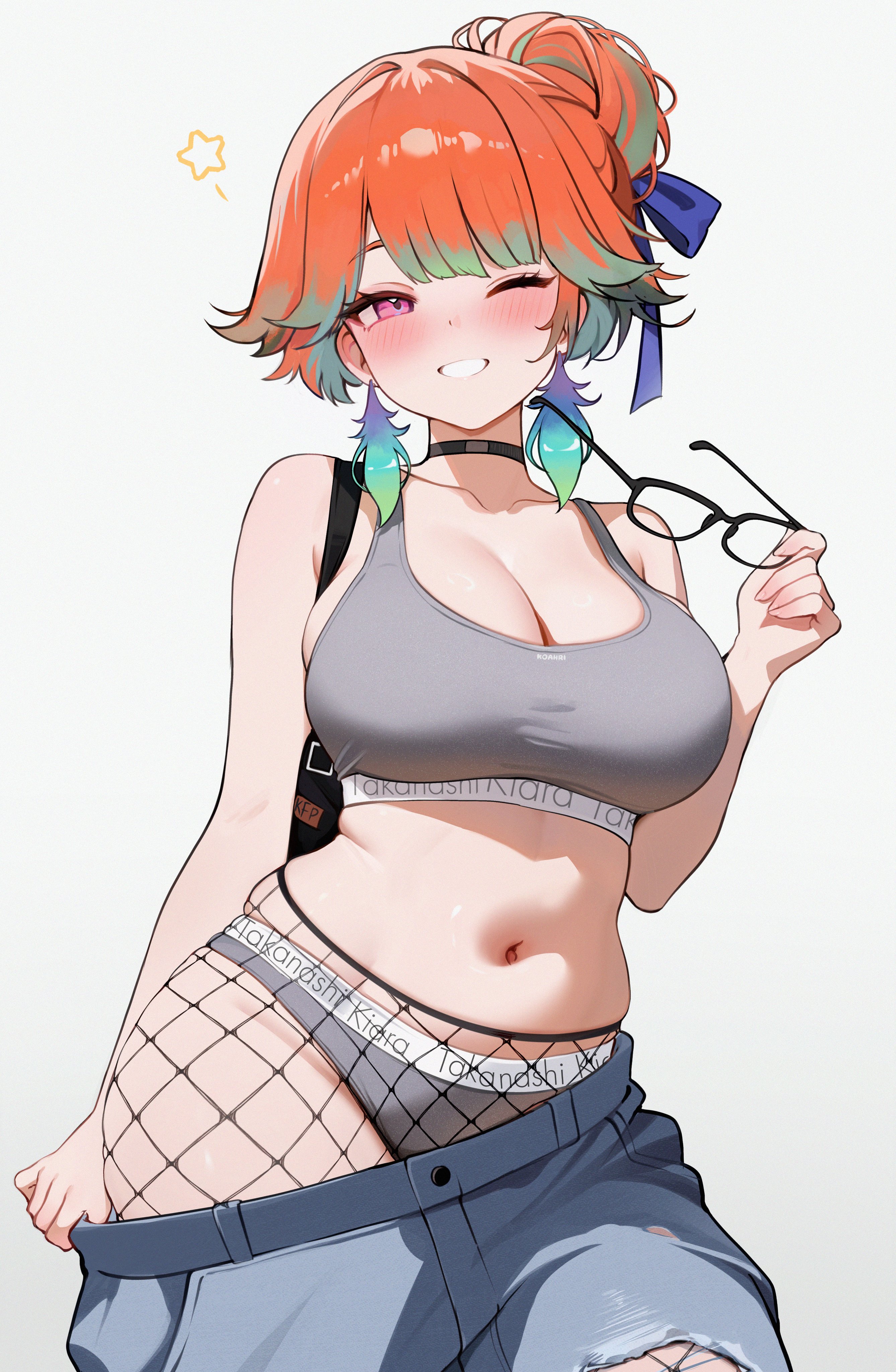 ass, belly, big ass, big breasts, big thighs, bottomless, breasts, chubby, female, fishnet legwear, fishnets, glasses, highres, hololive, hololive english, hololive myth, koahri, large breasts, matching underwear, panties, plump, seductive, takanashi kiara, taking clothes off, thick thighs, underwear, virtual youtuber, wink
