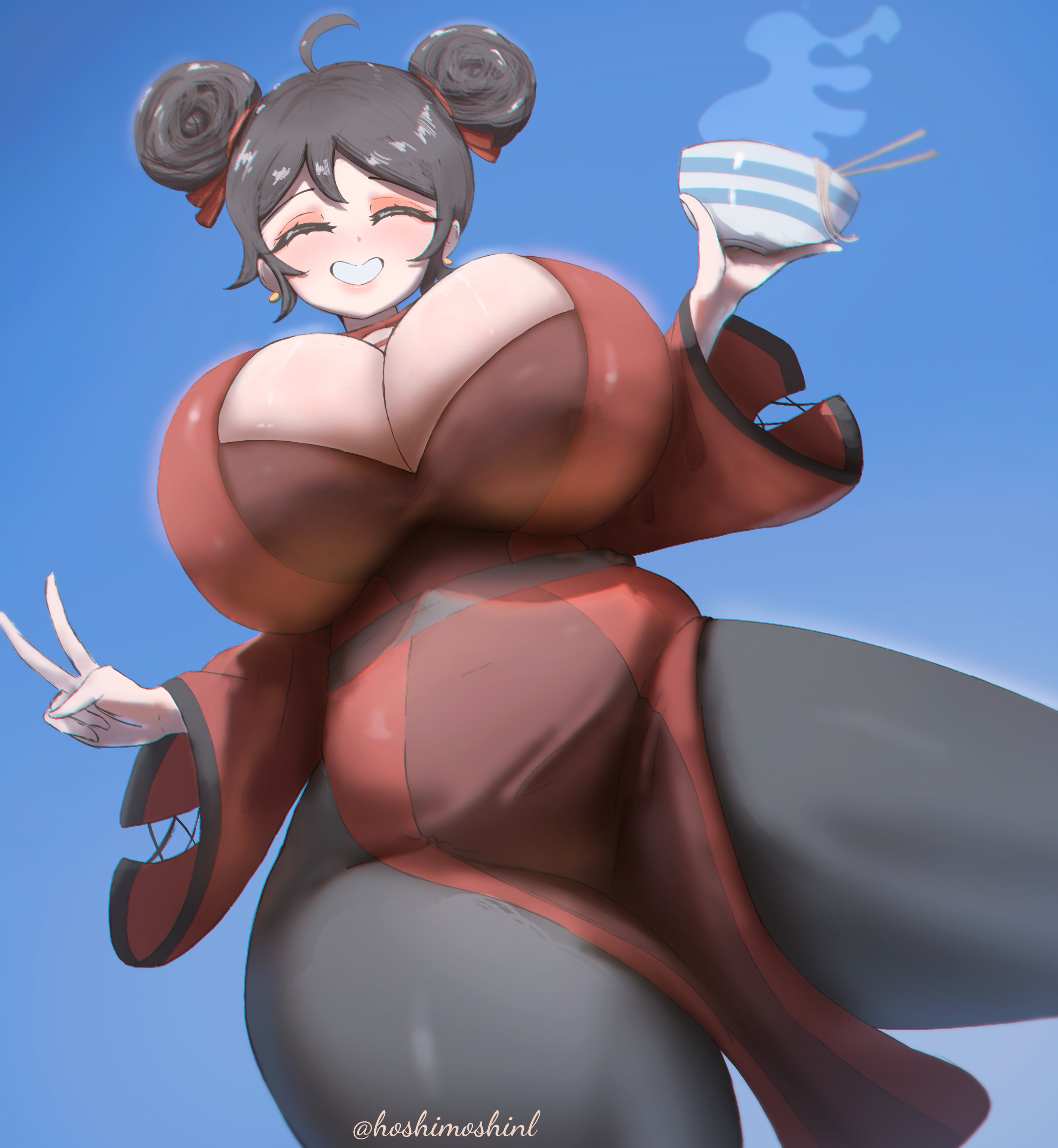asian female, big breasts, big thighs, big titties, black hair, breasts, closed eyes smile, curvaceous, curvaceous female, curvaceous figure, curvy, curvy figure, curvy hips, female, female focus, female only, fully clothed, hoshimoshinl, looking at viewer, pucca, pucca (franchise), short hair, smile