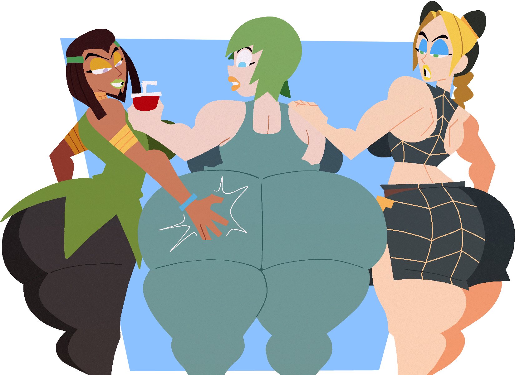 3girls, ass, ass bigger than head, ass bigger than torso, ass grab, big ass, bottom heavy, bubble ass, bubble butt, clothing, ermes costello, fat ass, female, female only, foo fighters, grabbing another's ass, hoovedleader, huge ass, hyper, hyper ass, jojo's bizarre adventure, jolyne kujo, large ass, looking at ass, massive ass, stone ocean, thick ass, thick thighs, thunder thighs, wide hips