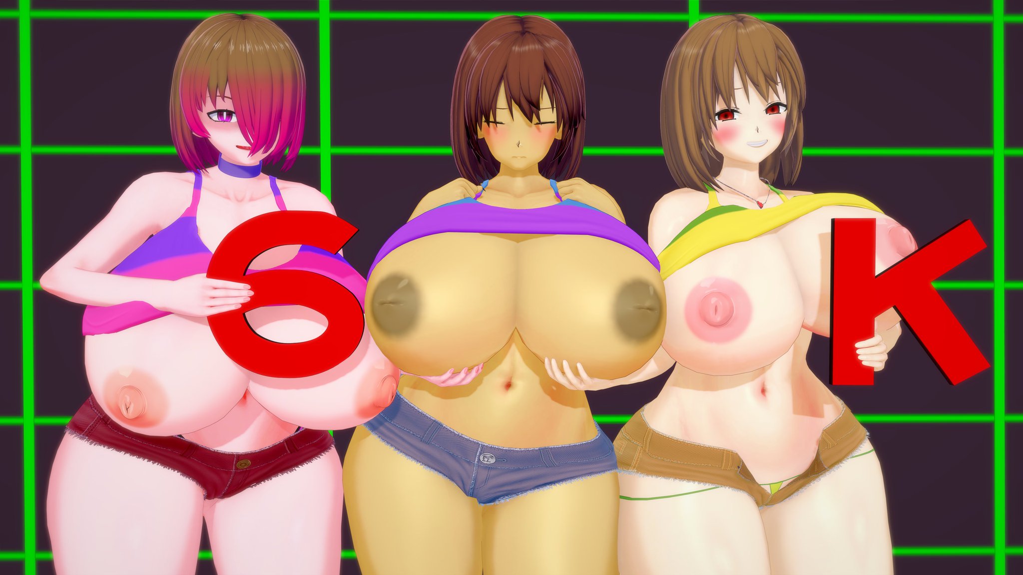 3d, albyon, bete noire, betty noire, big breasts, black background, blush, breasts, brown hair, chara, closed eyes, female, female chara, female frisk, frisk, frisk (undertale), glitchtale, green background, heart locket, huge boobs, huge breasts, koikatsu, nipples, pink eyes, pink hair, red eyes, smiling, text, undertale, undertale (series)