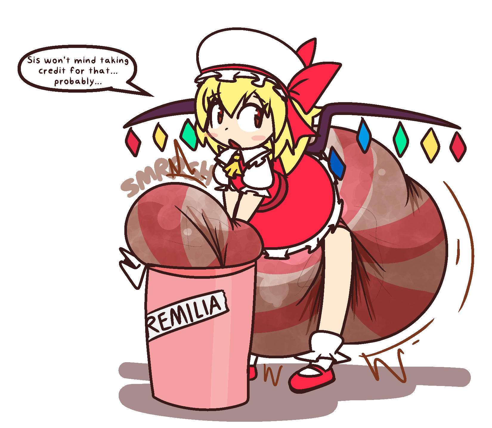 1girls, abdl, diaper, diaper pail, embodiment of scarlet devil, female, flandre scarlet, hyper scat, hypermess, messy diaper, onomatopoeia, poop, scat, shslsadcat, simple background, solo, text, text bubble, touhou, vampire