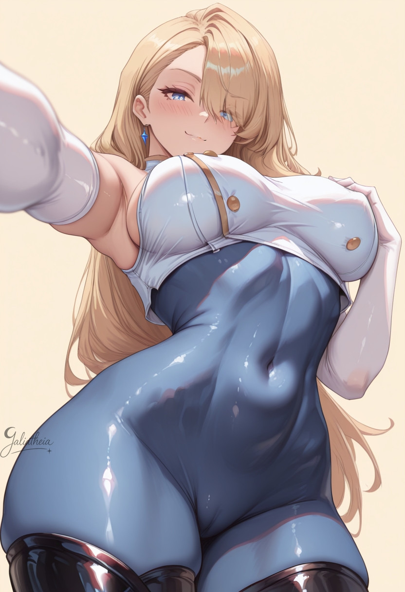 ai generated, bodysuit, breasts, brown dust (series), brown dust 2, cameltoe, curvy female, female, horny female, ialiatheia (artist), presenting breasts, pussy, wilhelmina (brown dust)