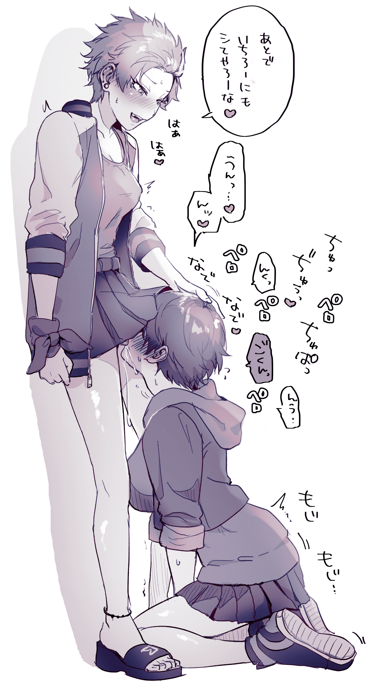 2girls, against wall, anklet, arm at side, bandana around arm, between legs, blush, breasts, cleavage, collarbone, cropped jacket, cunnilingus, eyelashes, female, full body, furrowed brow, genderswap, genderswap (mtf), grin, hand between legs, hand on another's head, harai kuko, heart, high heel sandals, high tops, highres, hypnosis mic, implied masturbation, jacket, jacket over hoodie, jewelry, looking at another, medium breasts, monochrome, motion lines, multiple females, multiple girls, multiple piercings, nbnekochan, oral, pleated skirt, plug (piercing), pussy, pussy juice, rule 63, saliva, seiza, shiny skin, shoes, short sleeves, simple background, sitting, skirt, skirt rolled up, sleeves rolled up, smile, sneakers, sound effects, speech bubble, spoken heart, standing, standing cunnilingus, sukajan, sweat, tongue, tongue out, translation request, trembling, twitching, white background, yamada ichiro, yuri