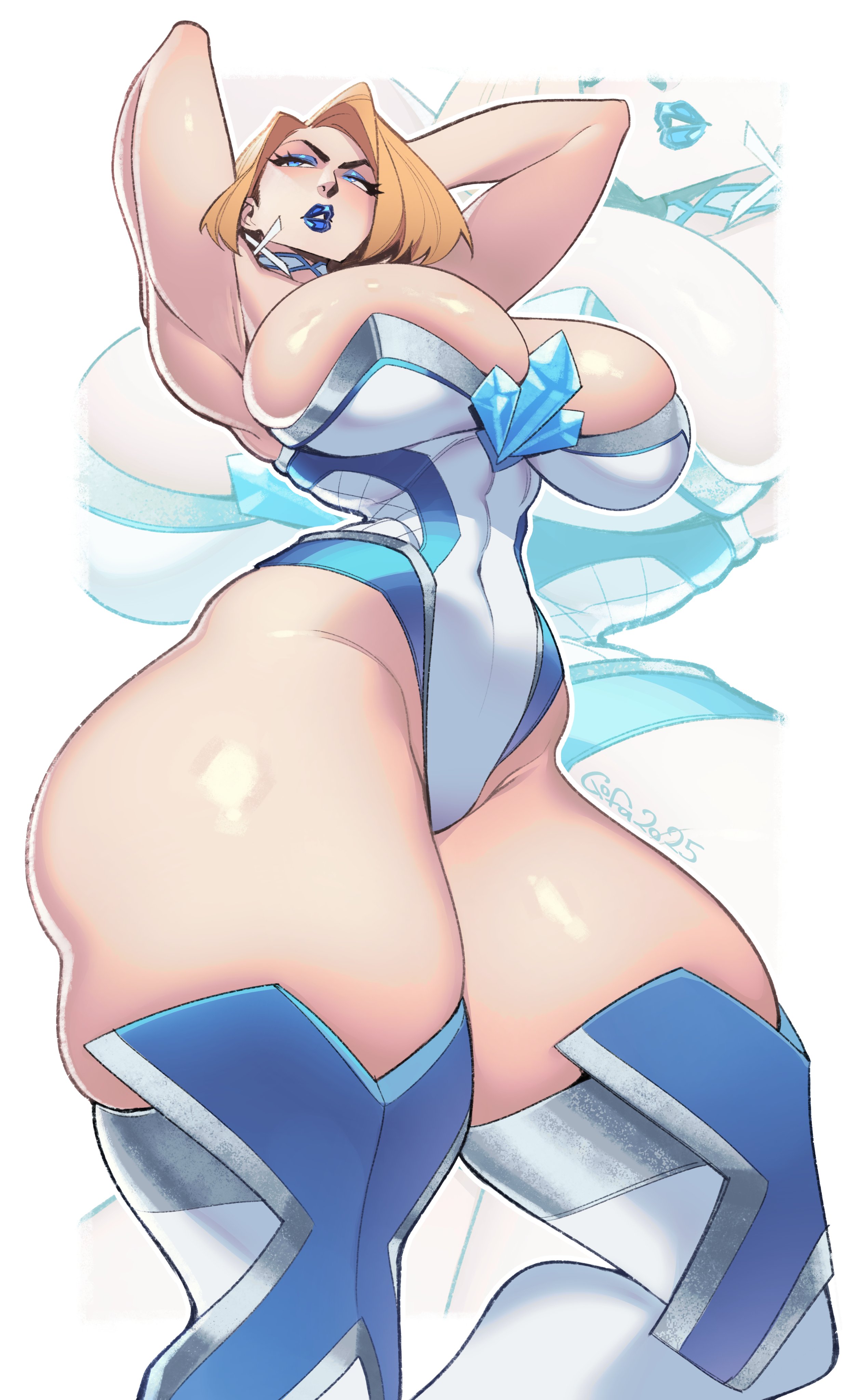 1girls, 2d, blonde female, blonde hair, blue lipstick, bob cut, breasts, clothed, clothed female, emma frost, emma frost (marvel rivals), female, gofa, large breasts, large thighs, leotard, light skin, light-skinned female, looking at viewer, marvel, marvel comics, marvel rivals, pale skin, pale-skinned female, thick legs, thick thighs, x-men