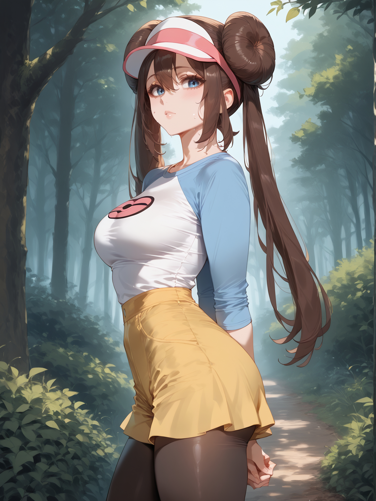 1girls, ai generated, arms behind back, bangs, black pantyhose, blue eyes, blush, breasts, brokewyt, brown hair, bush, cowboy shot, day, double bun, doughnut hair bun, female, forest, hair between eyes, hair bun, large breasts, legwear under shorts, long hair, long sleeves, looking at viewer, mei (pokemon), nature, nintendo, outdoors, pantyhose, parted lips, poke ball print, pokemon, pokemon bw2, raglan sleeves, rosa (pokemon), shirt, shorts, solo, thighs, tree, twintails, two-tone headwear, very long hair, visor cap, white shirt, yellow shorts, yellow skirt