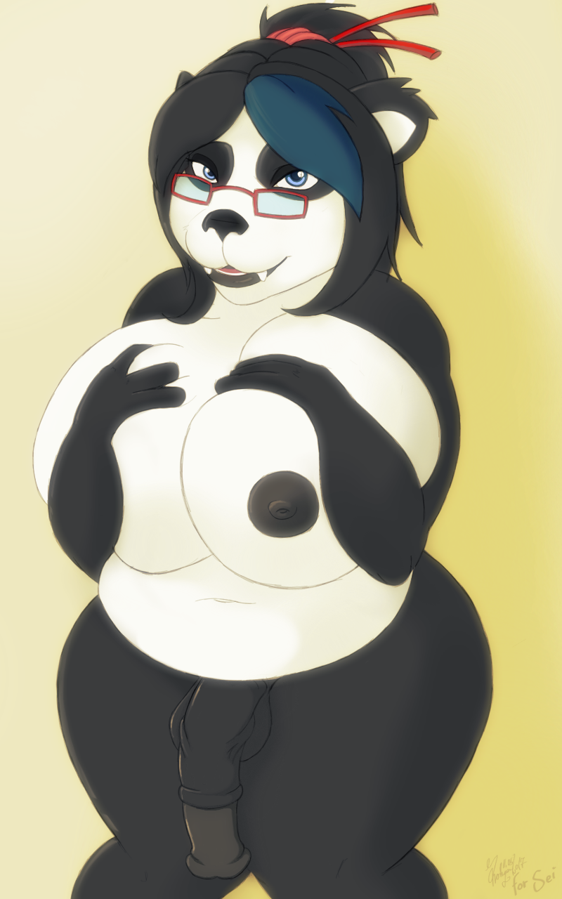 animal_genitalia animal_penis anthro areola balls bear big_breasts breasts dickgirl equine_penis erect_nipples eyewear fur glasses hair hi_res horsecock intersex looking_at_viewer mammal nipples panda pandaren penis rohgen_(artist) scarf smile teeth video_games warcraft