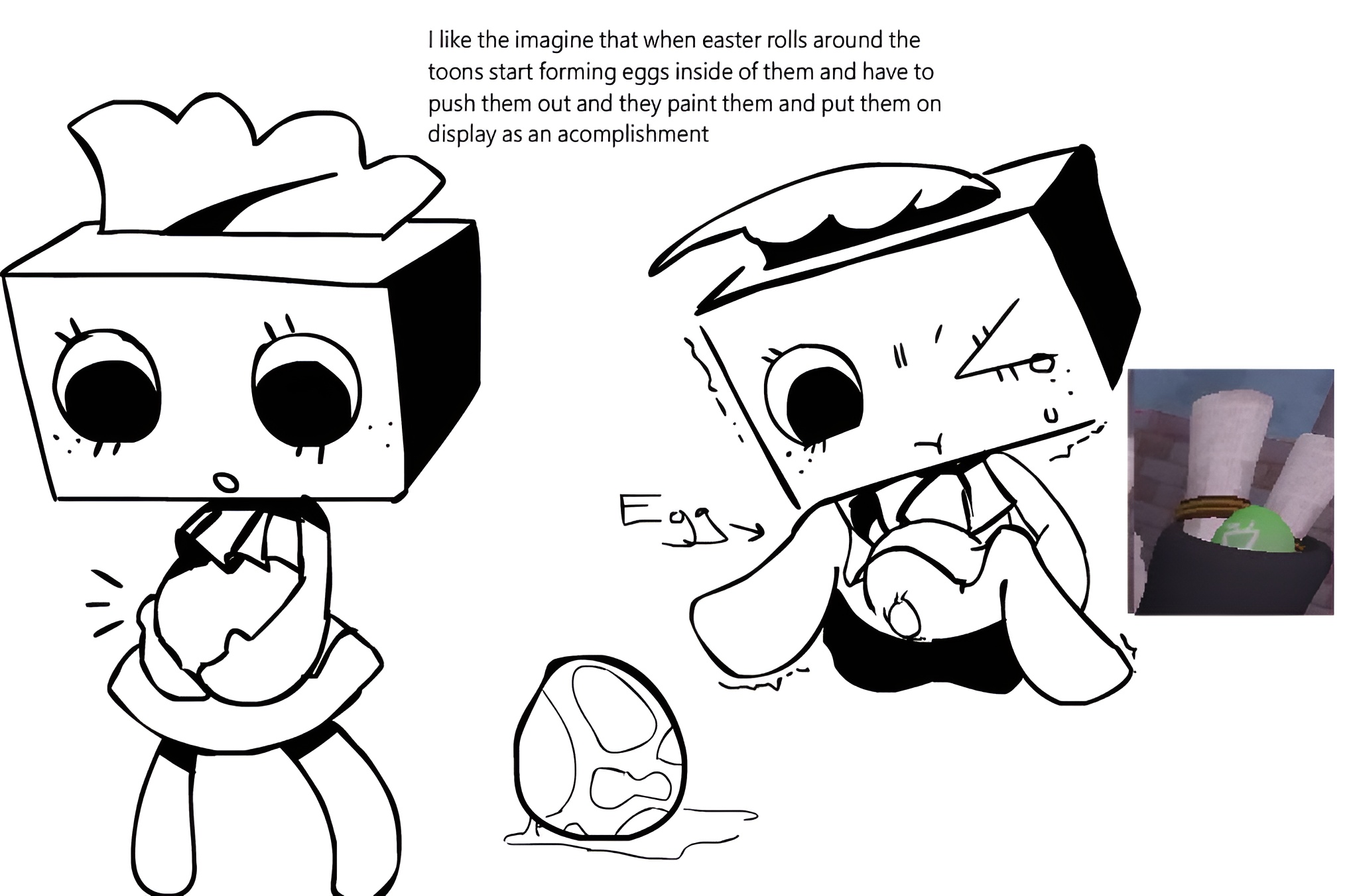 1girls, artist request, black and white, chibi, clitoris, closed, crying, dandy's world, easter, egg, egg laying, female, pussy, tisha (dandy's world)