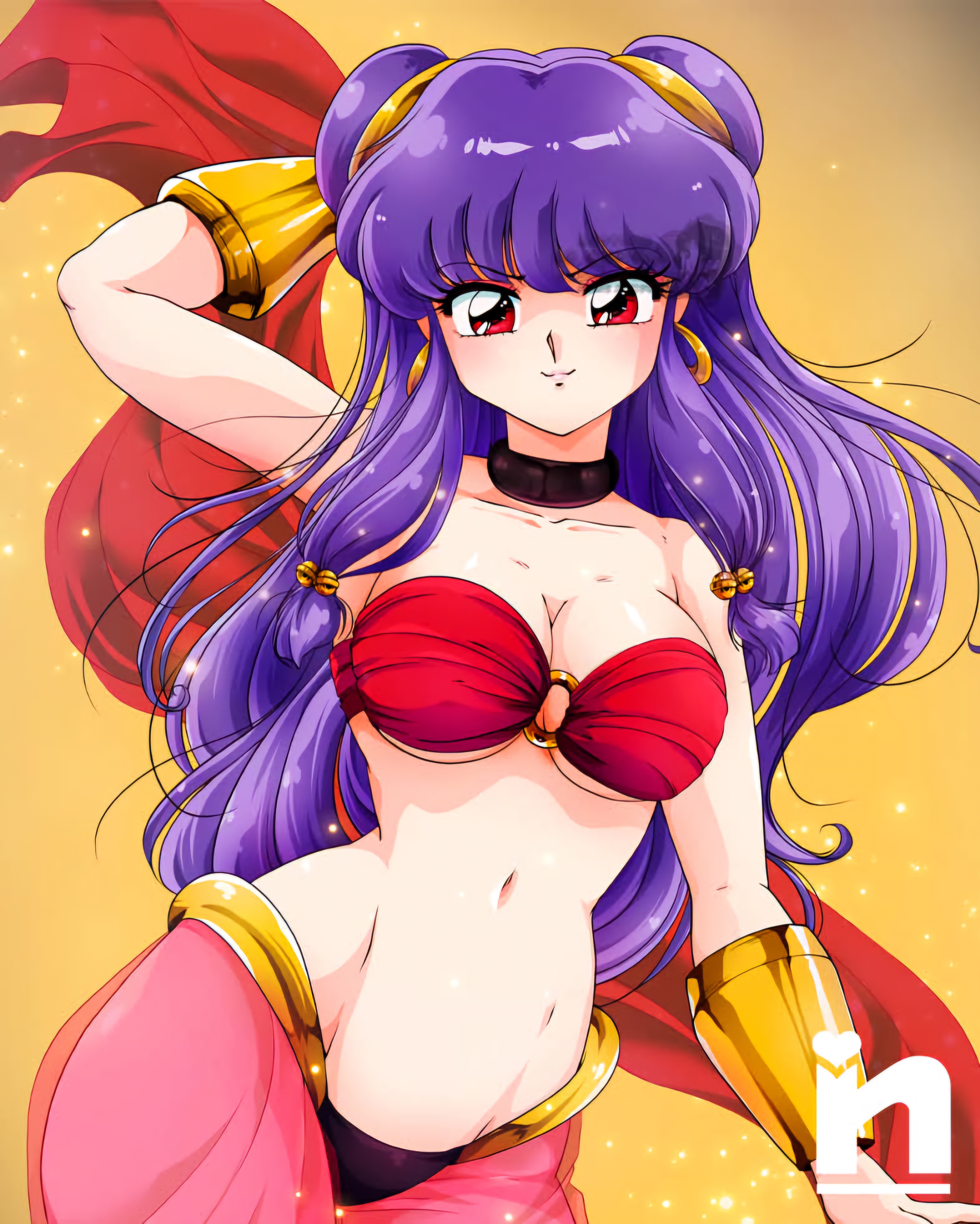 belly dancer, belly dancer outfit, female, harem girl, harem outfit, purple hair, ranma 1/2, red eyes, saotome nanda, shampoo (ranma 1/2), shantae, shantae (character), shantae (cosplay), solo, tagme, watermark