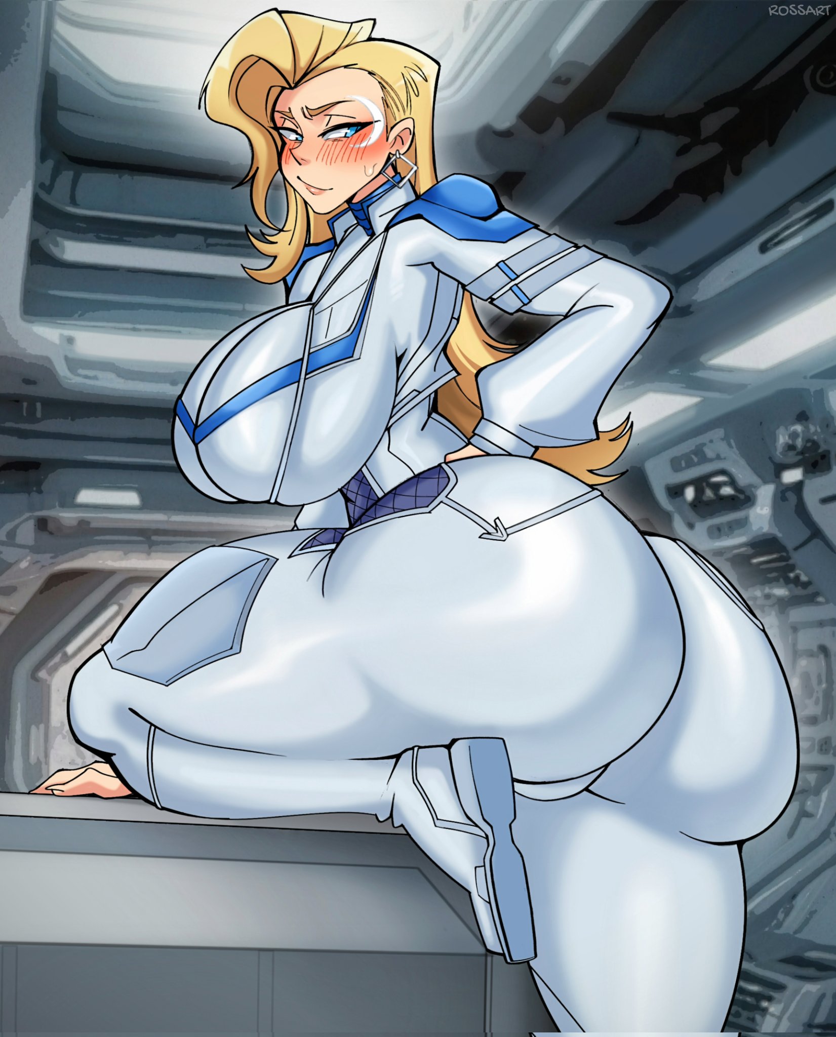 1girls, ass, big ass, big butt, blonde hair, blue eyes, blush, breasts, bubble ass, bubble butt, cloak and dagger, dagger (marvel rivals), dagger (marvel), female, female focus, female only, huge breasts, large ass, large breasts, large butt, looking at viewer, looking back, marvel, marvel comics, marvel rivals, rnssfw, tandy bowen
