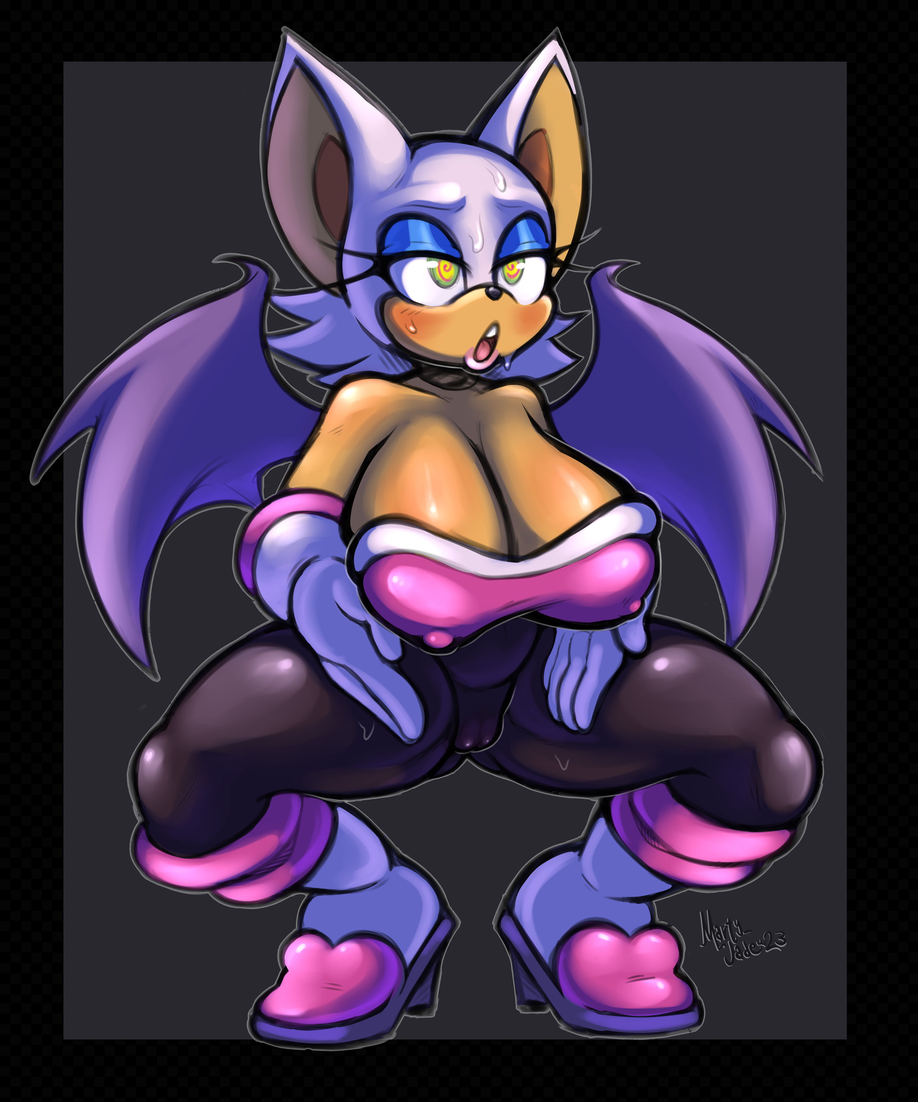 breasts, cameltoe, female, fully clothed, haigure, huge breasts, hypnosis, hypnotized, martyjade23, nipples visible through clothing, pussy, rouge the bat, sega, sonic (series), squatting