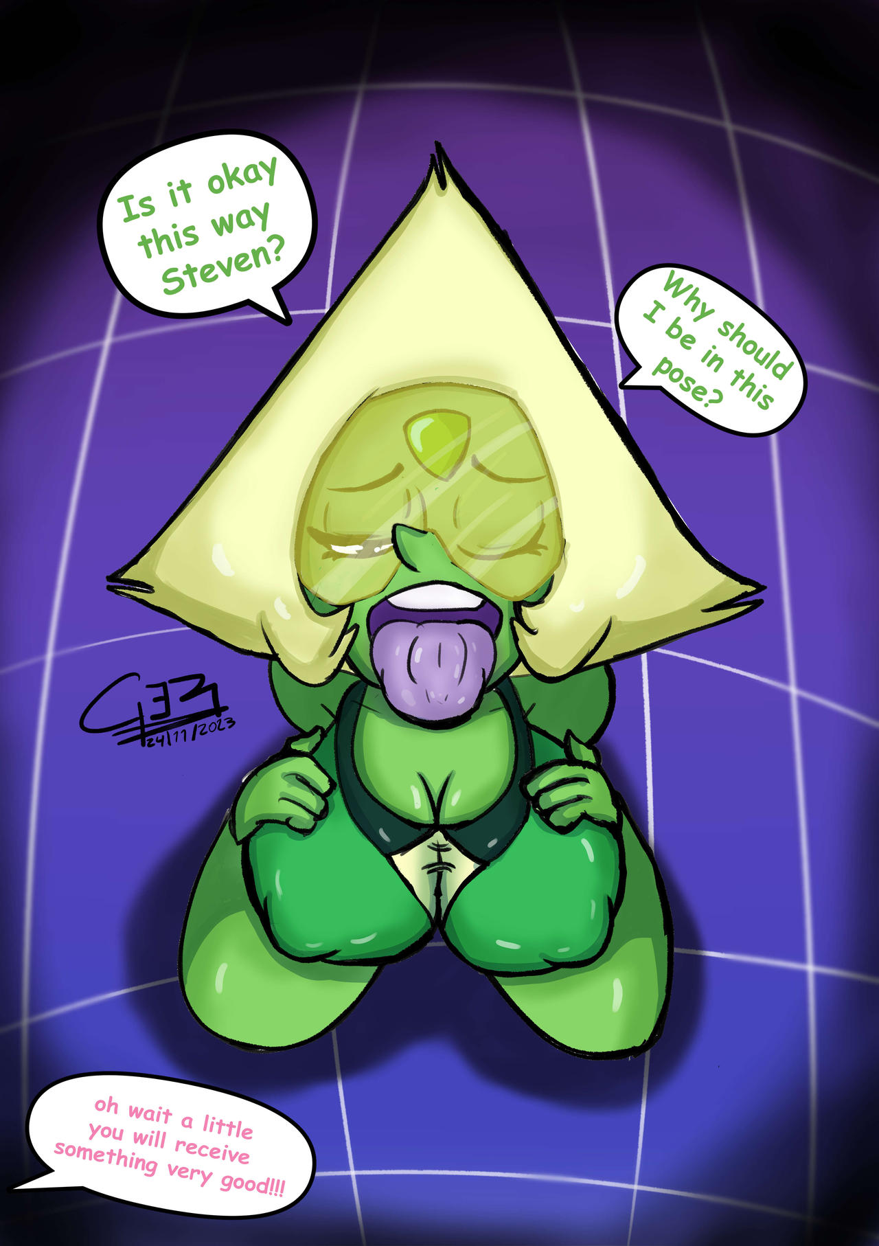 big breasts, breasts, closed eyes, female, gerjm, hands on breasts, imminent cumshot, jerkoff visual assistance, nipples visible through clothing, peridot (steven universe), steven quartz universe, steven universe, thick thighs, tongue, tongue out, unaware