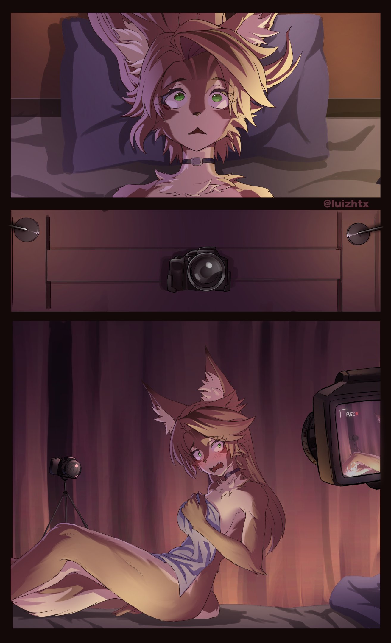 1girls, being recorded, blush, breasts, cat girl, choker, covering breasts, female, filming, furry, furry female, green eyes, hoyoverse, long hair, luizhtx, massage, massage table, mihoyo, pulchra fellini, recording, solo female, thiren, towel, towel only, zenless zone zero