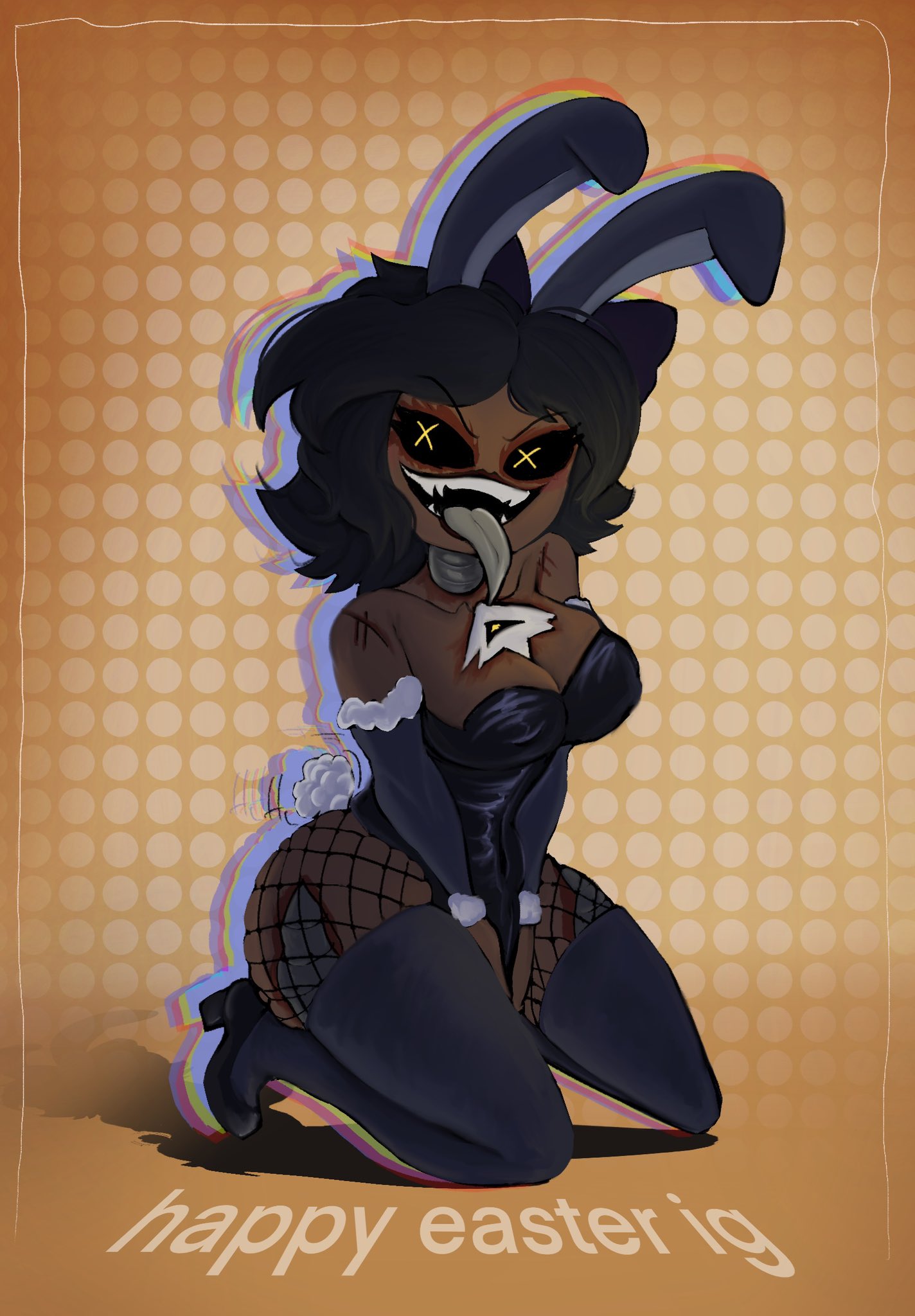black hair, black heels, black sclera, black stockings, bunny girl, bunnysuit, cyn (murder drones), cyntessa (murder drones), dark skin, female, female only, fishnets, furry murder drone, glitch productions, happy easter, high heels, murder drones, skinsuit, suggestive, tongue, tongue out, wearing skin, x-shaped pupils, yellow eyes