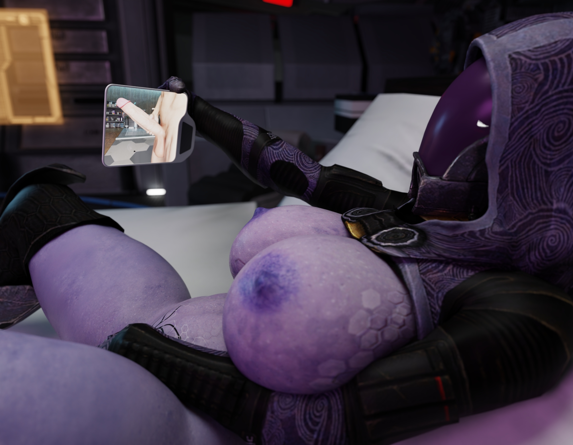 1girls, 3d, alien, alien girl, blender, breasts, female, glowing eyes, holding object, laying on bed, looking at penis, male, mask, masked female, mass effect, massive breasts, masturbation, nipples, penis, plvgueart, quarian, tali'zorah nar rayya, thick thighs
