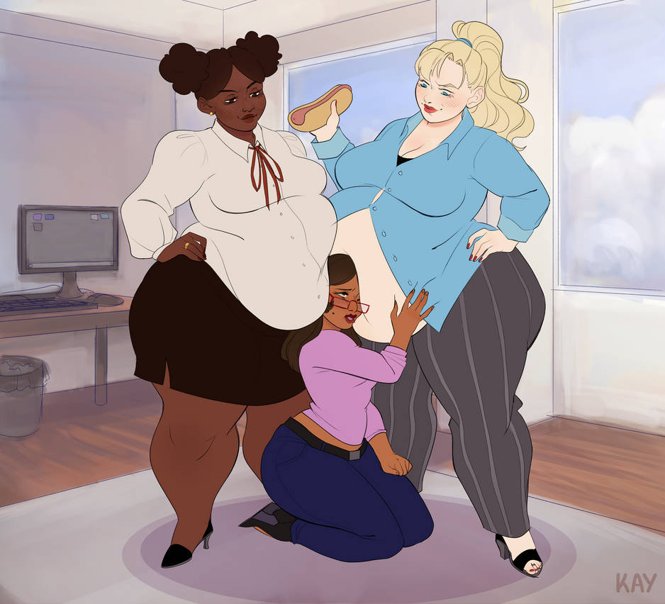 3girls, bbw, belly smother, belly worship, big belly, chubby, chubby female, female, kay inthedark, office lady, on knees, original, overweight, overweight female, size difference, smothering, smothering belly, yuri