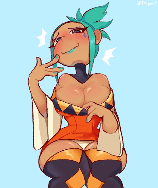 big breasts, big thighs, big titties, breasts, brown skin, cerebella, clothing, curvaceous, curvaceous female, curvaceous figure, curvy, curvy figure, curvy hips, cyan hair, female, female focus, female only, looking at viewer, pripunt, rubber, short hair, skullgirls