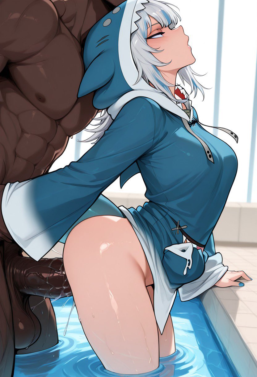 (turboshiggy), 1boy, 1girls, ai generated, blue eyes, breasts, dark skin, dark-skinned male, female, gawr gura, hololive, hololive english, hololive myth, hoodie, hoodie only, in water, interracial, light skin, light-skinned female, male, pleasure face, pool, poolside, pussy, self upload, sex, shark girl, shark tail, shark teeth, small breasts, standing, vaginal penetration, virtual youtuber, vtuber, white hair