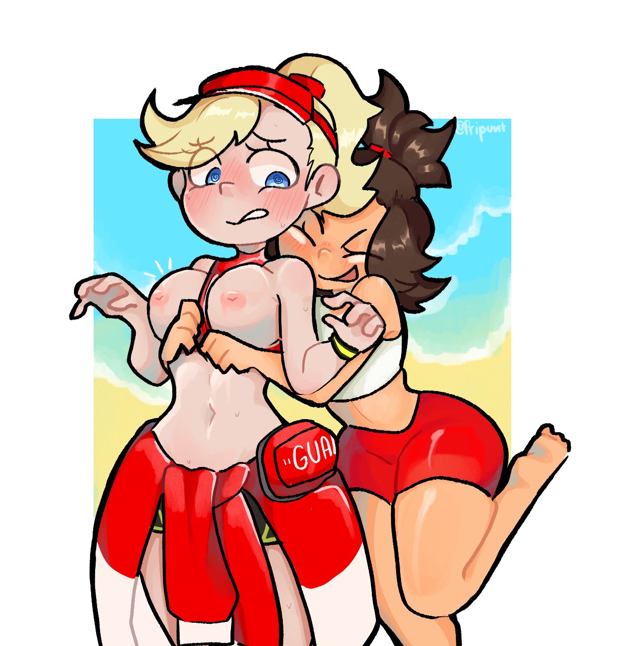 assisted exposure, beach, big breasts, big nipples, big thighs, big titties, bikini, breasts, brown hair, curvaceous, curvaceous female, curvaceous figure, curvy, curvy figure, curvy hips, female, female only, kiriko (overwatch), lifeguard kiriko, lifeguard mercy, mercy, nipples, overwatch, overwatch 2, pripunt, short hair, yellow hair, yuri
