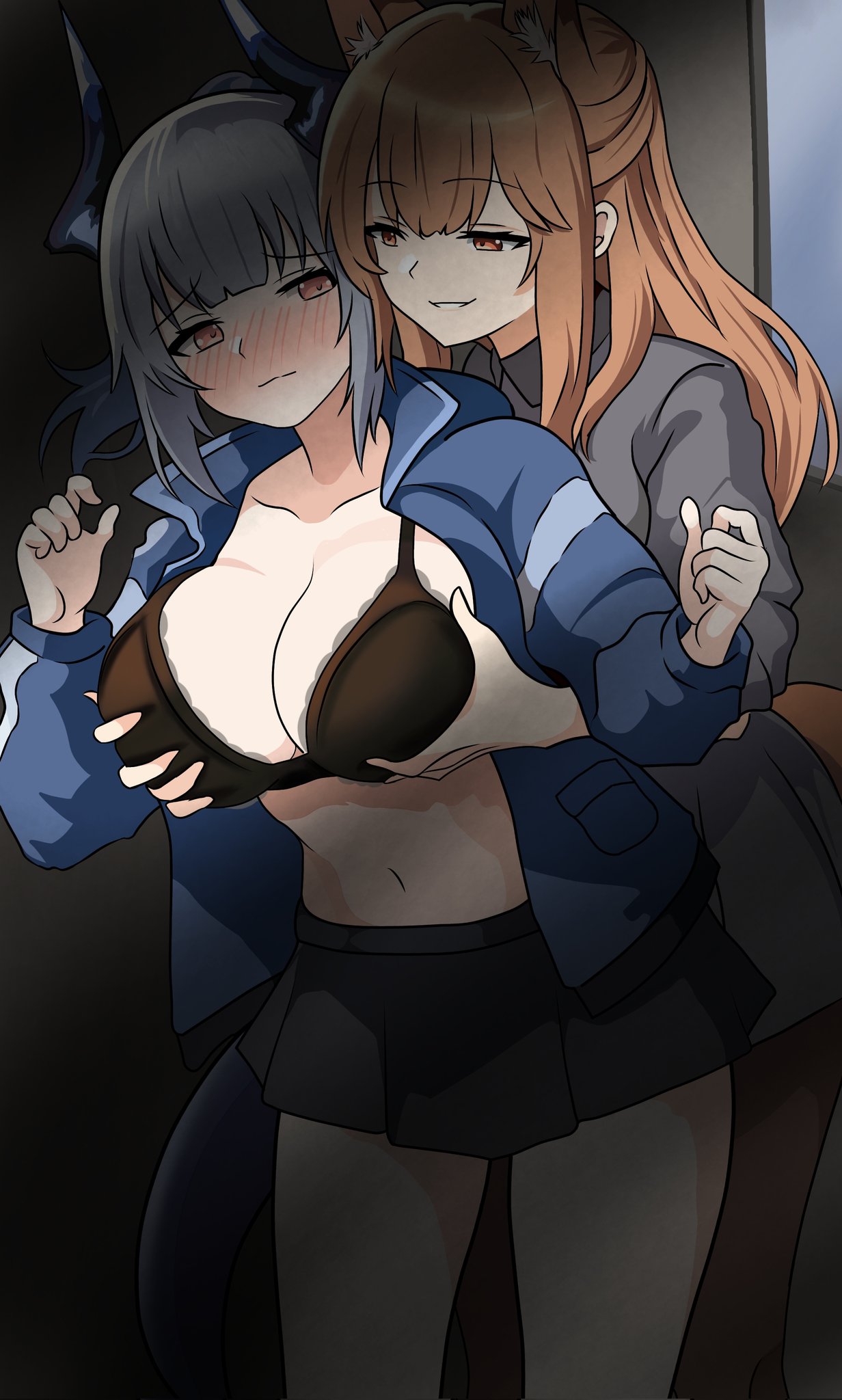 2girls, arknights, big breasts, blush, boobs pressed, breast grab, breasts, female, franka (arknights), horns, lesbian couple, liskarm (arknights), long hair, short skirt, smiling, undressing, witchrosemary, yuri
