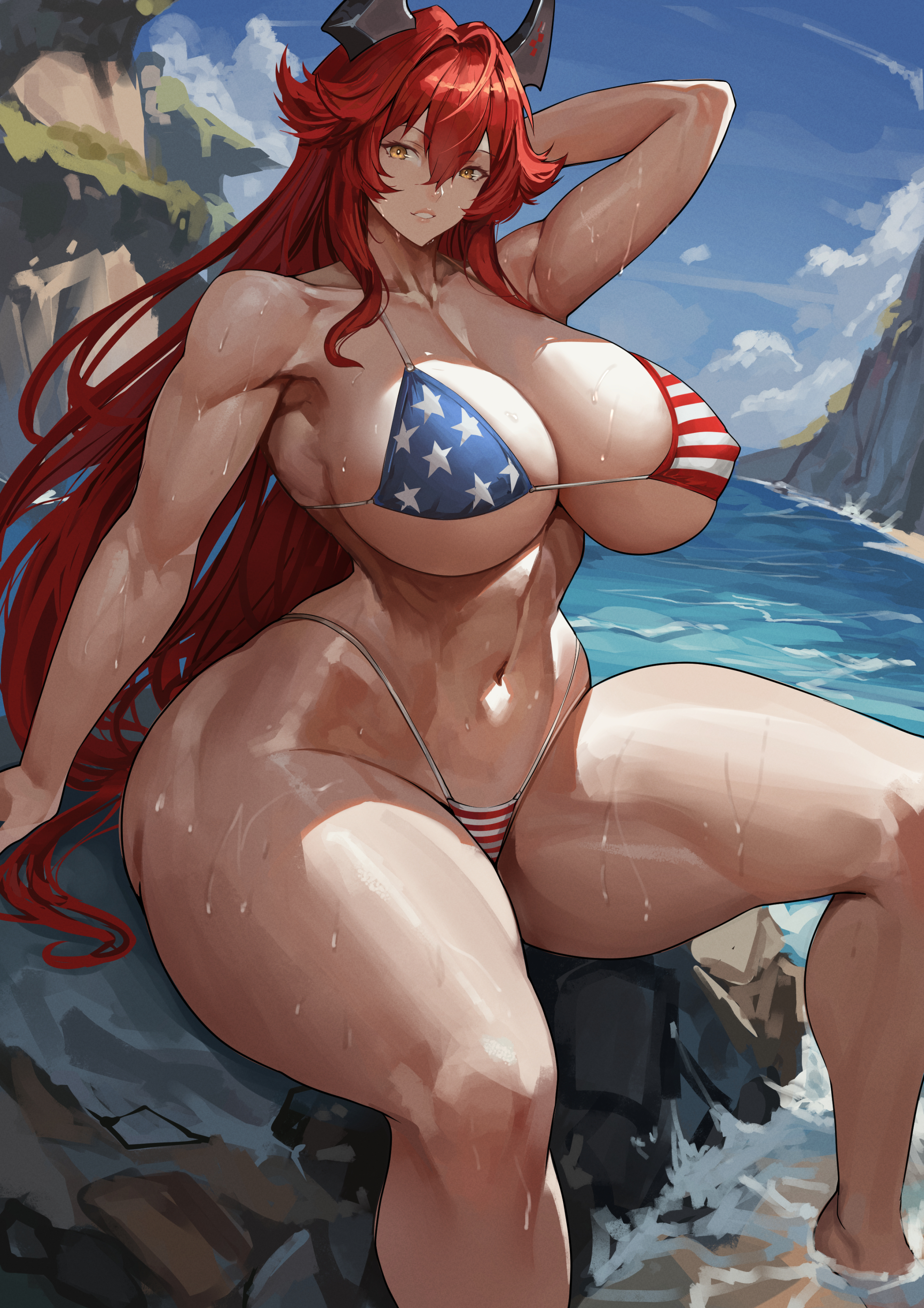 1girls, 2025, american flag bikini, big breasts, big thighs, bikini, breasts, busty, female, gigantic thighs, goddess of victory: nikke, huge breasts, huge thighs, large breasts, large thighs, long hair, manob0028, massive thighs, navel, red hair, red hood (nikke), swimsuit, thick thighs, thighs, very long hair, voluptuous, voluptuous female, wide thighs
