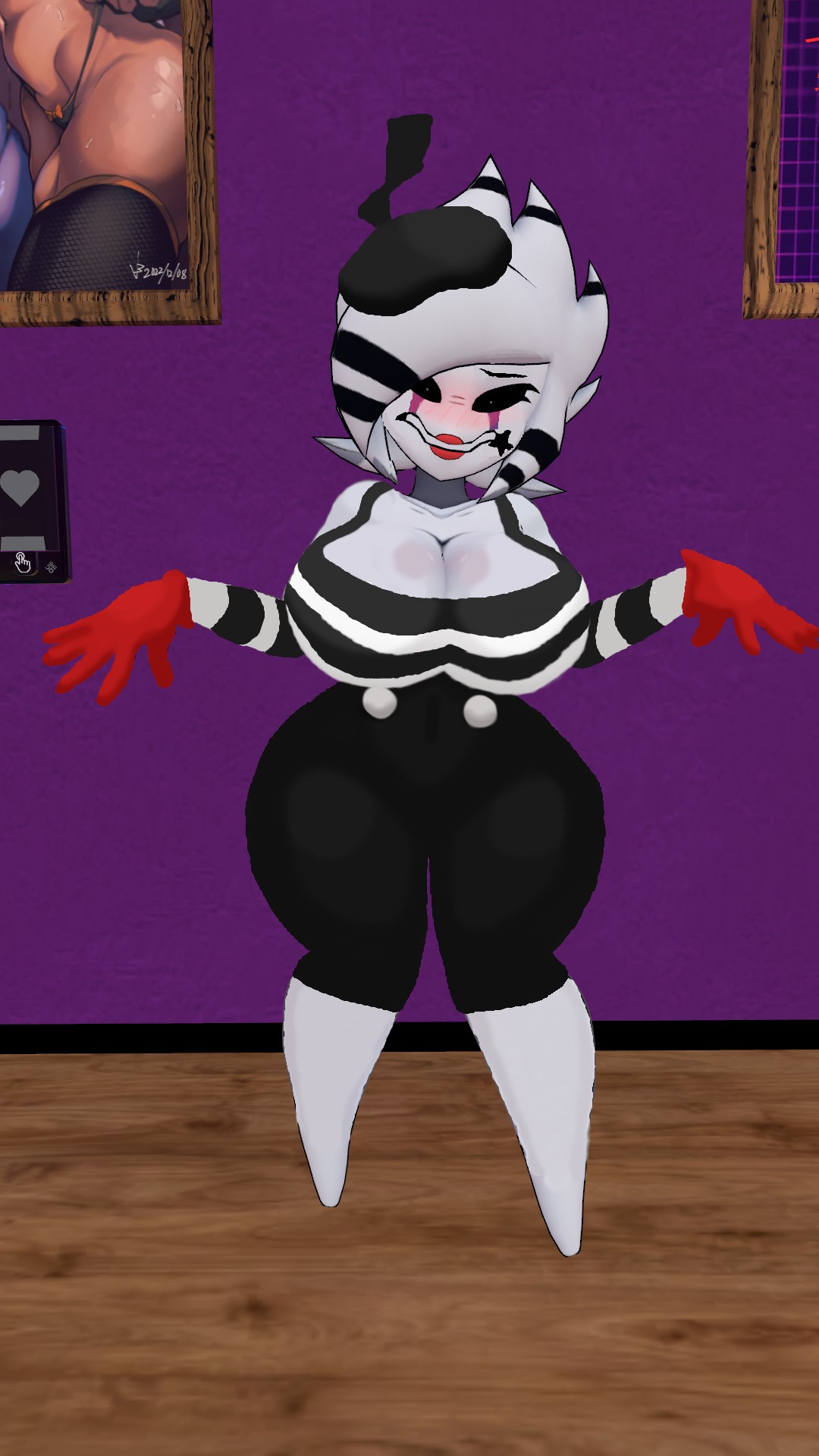 cally3d chuchu_(derpixon) chuchu_(derpixon)_(cosplay) cosplay cryptiacurves drawover embarrassed female five_nights_at_freddy's fredina's_nightclub furry manygeesen_edits marie_(cally3d) marionette_(fnaf) pose puppet_(fnaf) vrchat vrchat_model